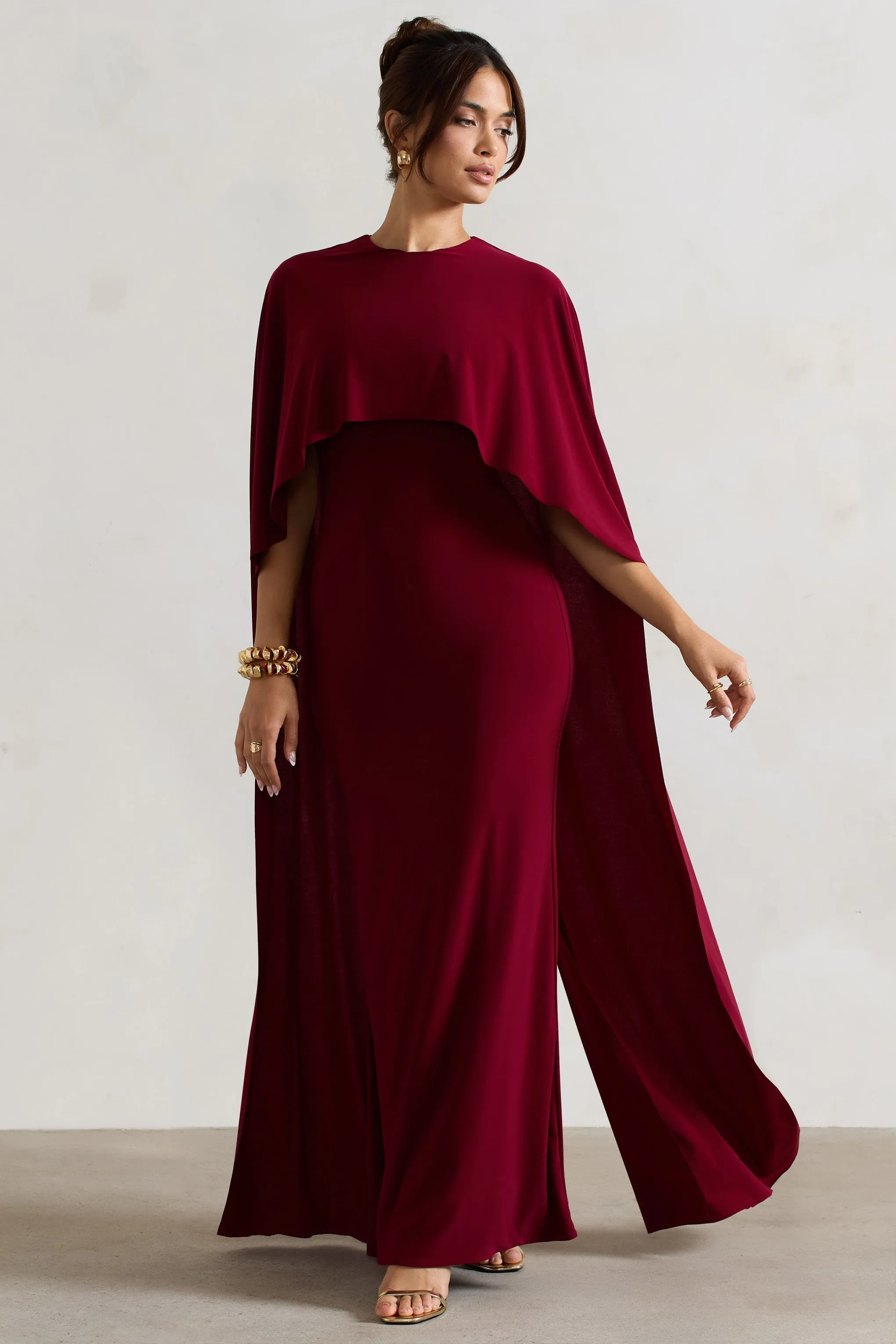 Padma | Berry Draped Maxi Dress With Cape Sleeves