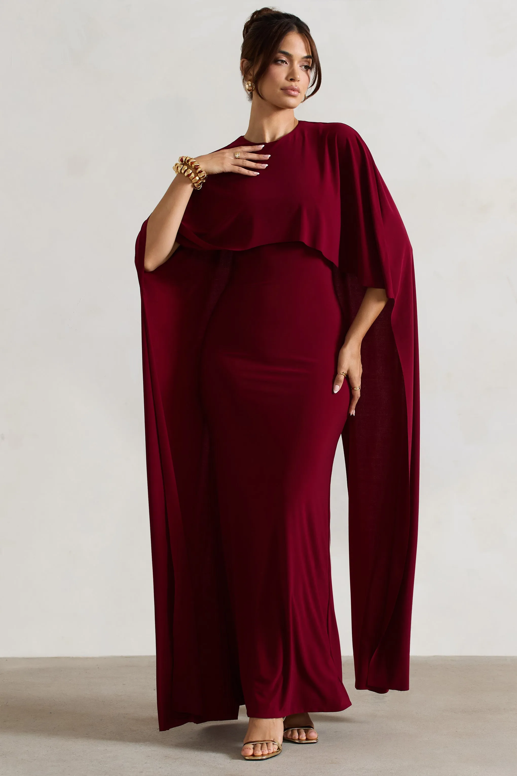 Padma | Berry Draped Maxi Dress With Cape Sleeves