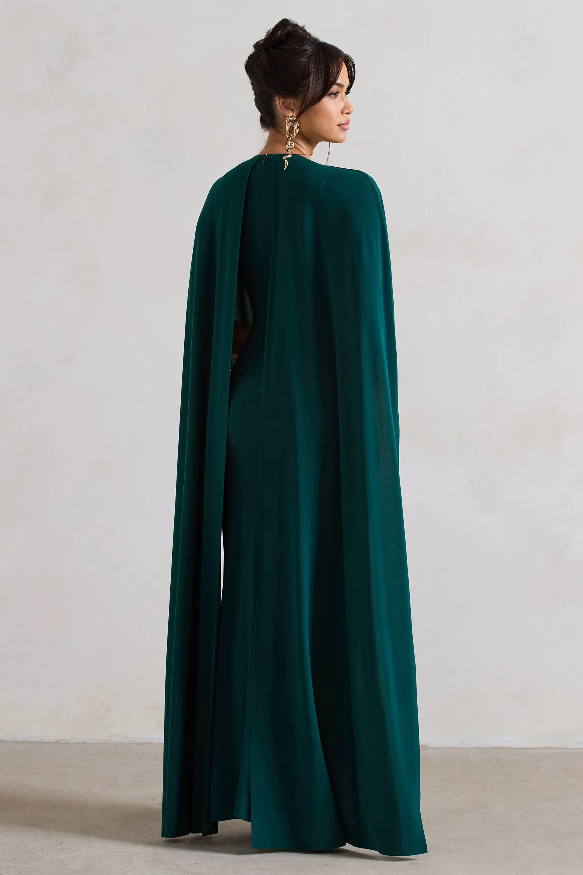 Padma | Bottle Green Draped Maxi Dress With Cape Sleeves