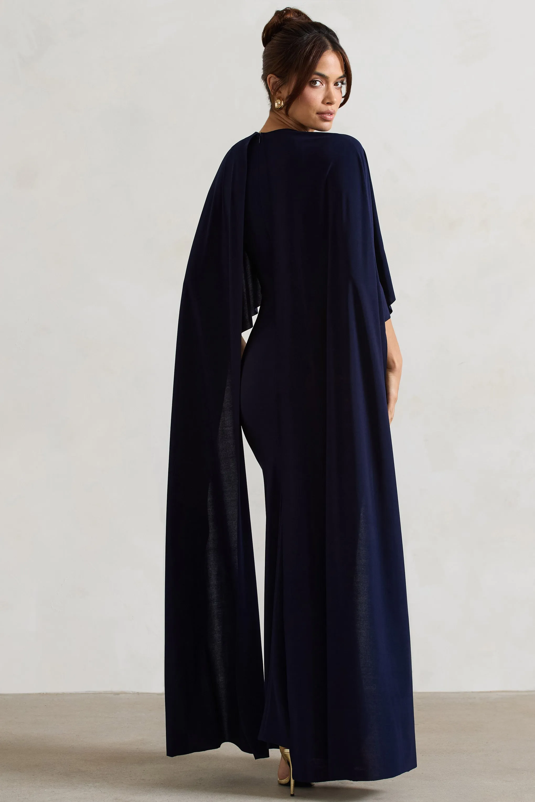 Padma | Navy Draped Maxi Dress With Cape Sleeves