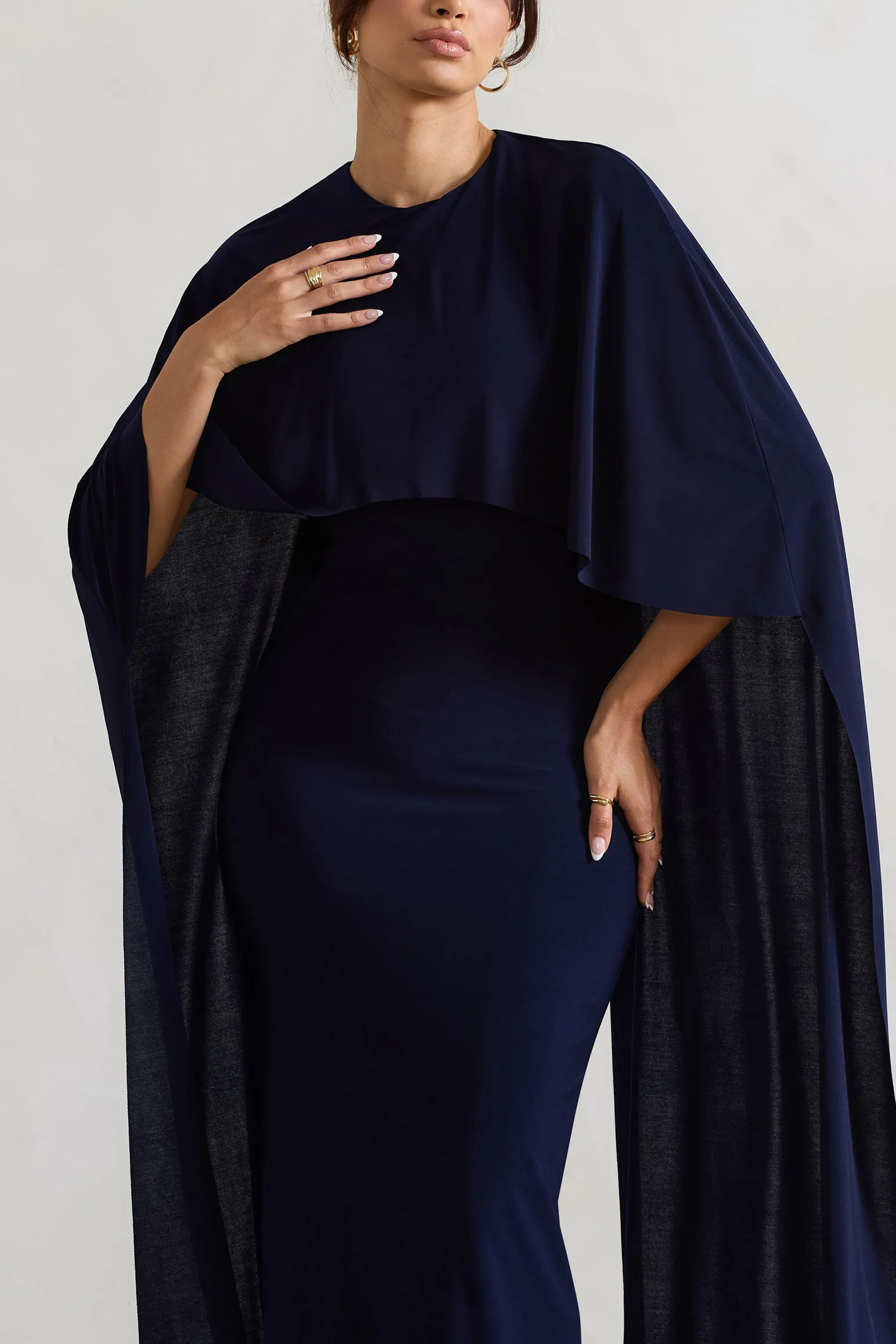 Padma | Navy Draped Maxi Dress With Cape Sleeves