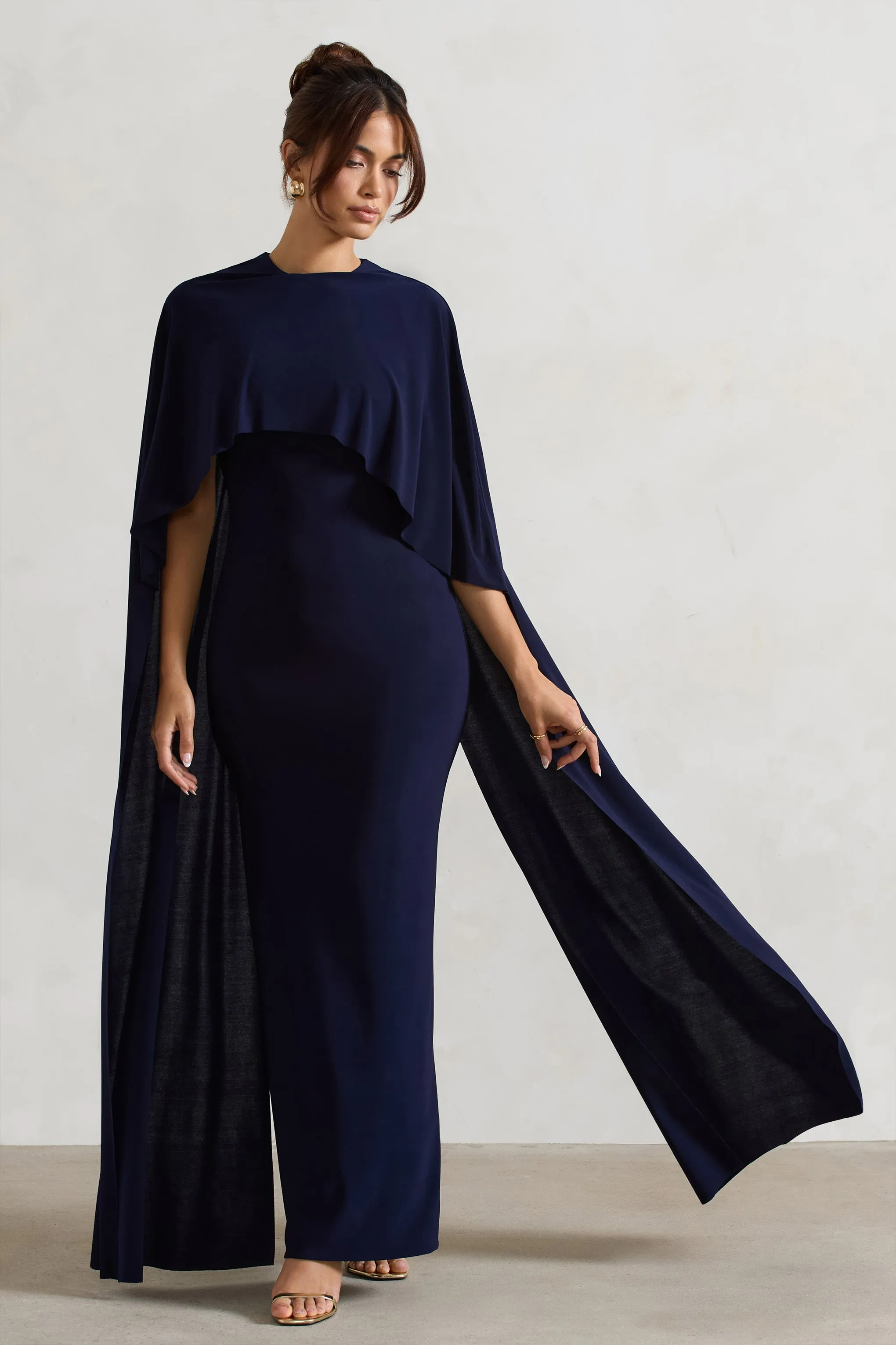 Padma | Navy Draped Maxi Dress With Cape Sleeves