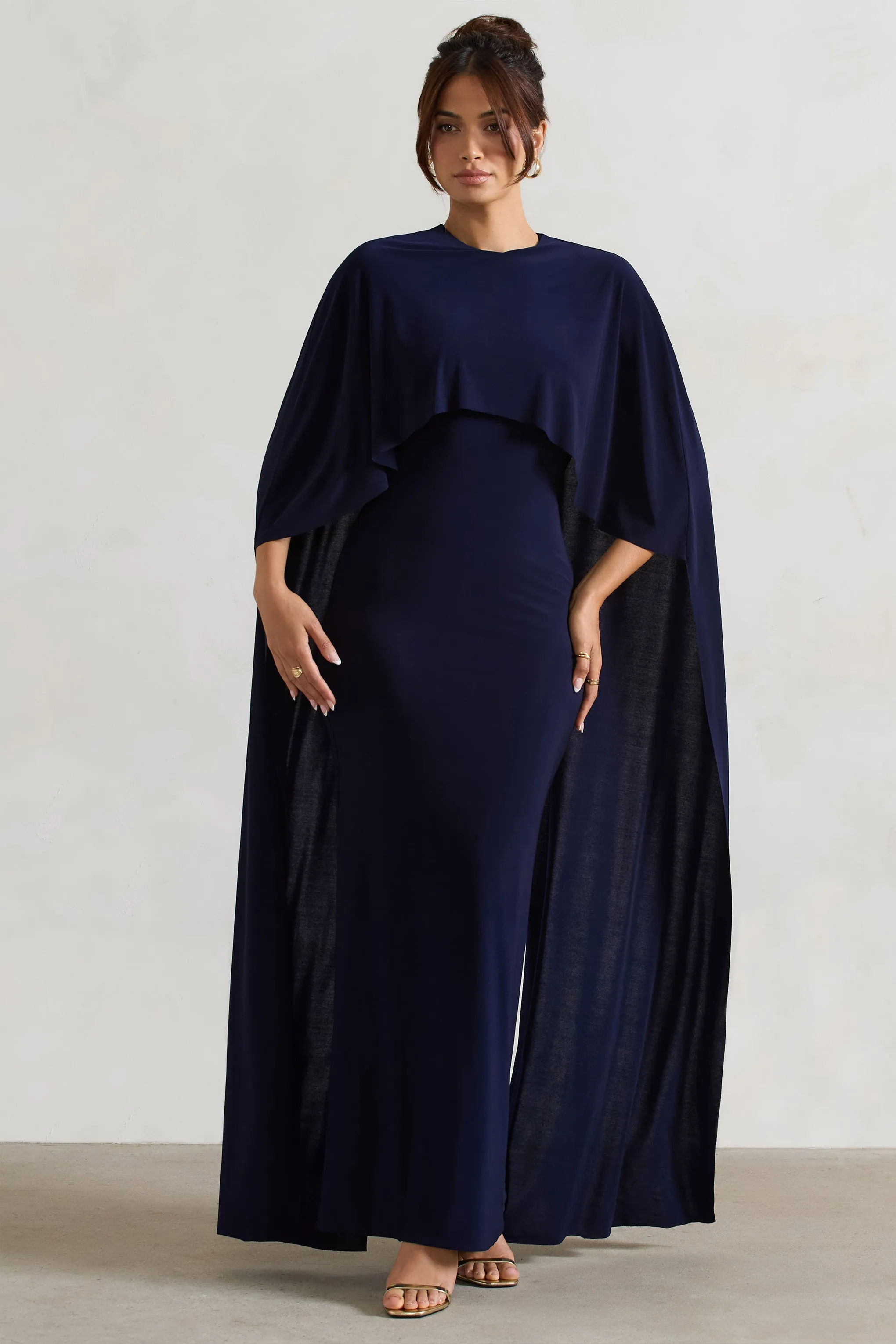 Padma | Navy Draped Maxi Dress With Cape Sleeves