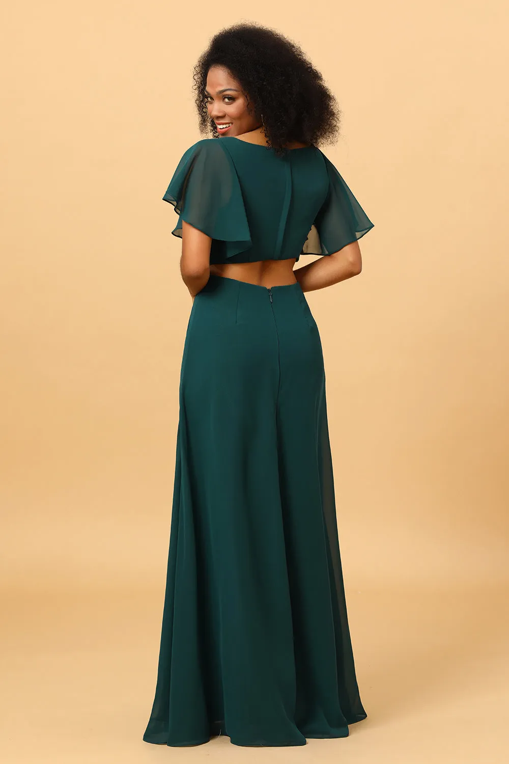 Pine V Neck Short Sleeves Long Chiffon Bridesmaid Dress