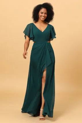 Pine V Neck Short Sleeves Long Chiffon Bridesmaid Dress