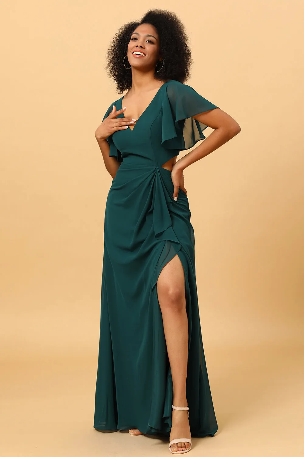 Pine V Neck Short Sleeves Long Chiffon Bridesmaid Dress