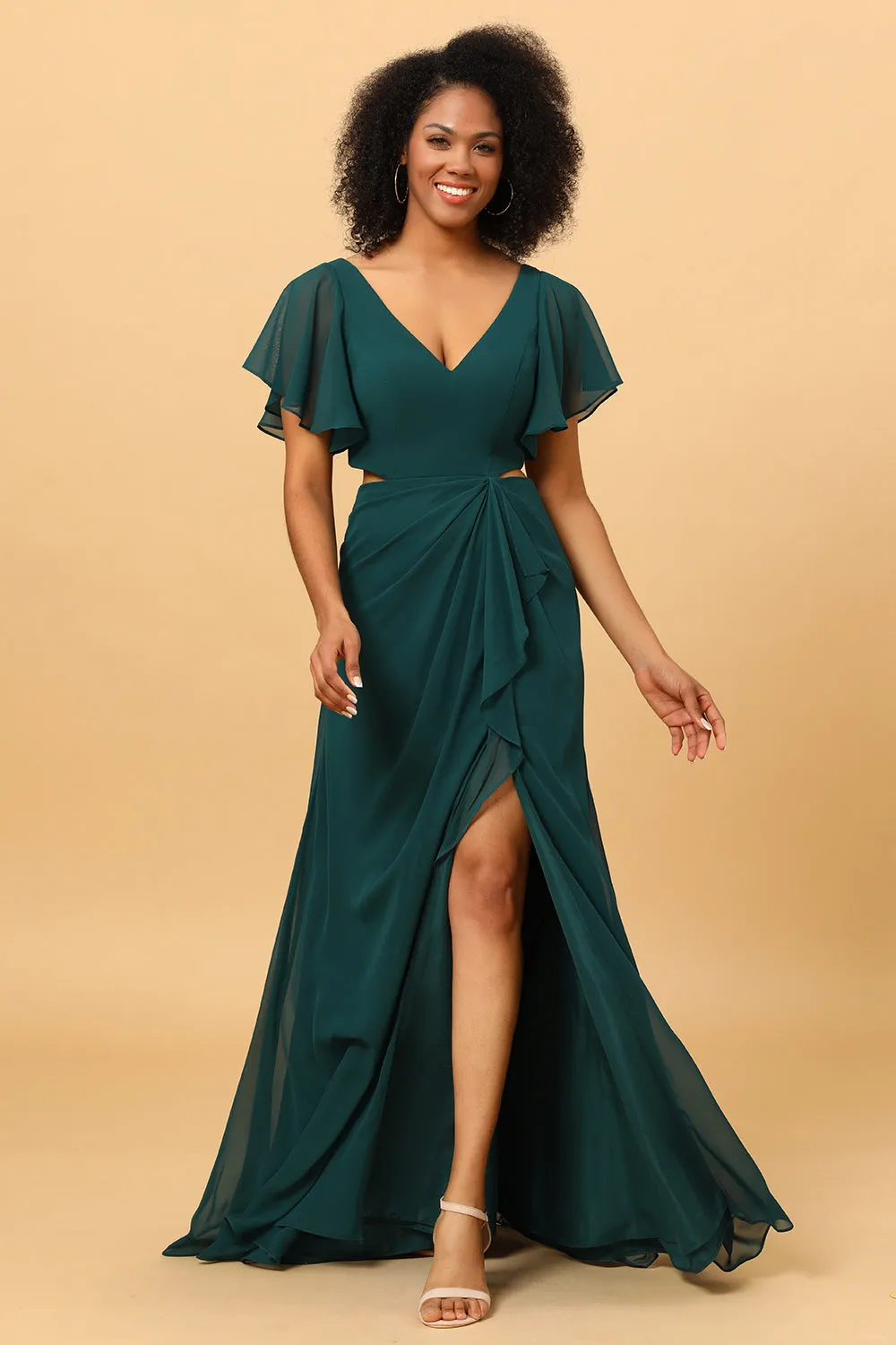 Pine V Neck Short Sleeves Long Chiffon Bridesmaid Dress