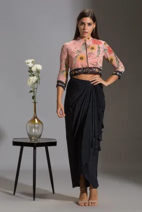 Pink Jacket Top & Navy Dhoti Skirt Set