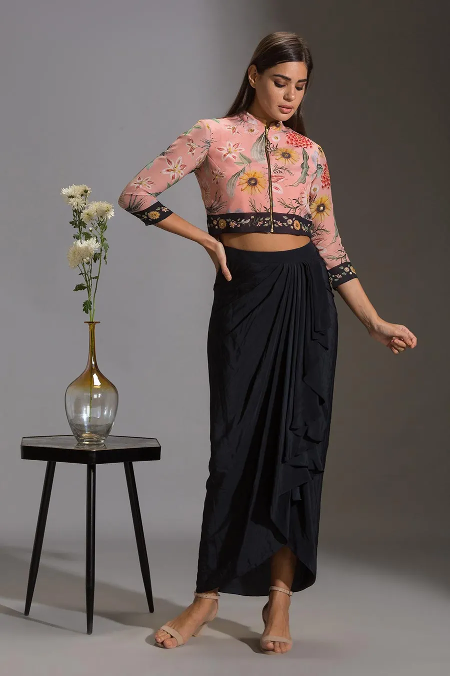 Pink Jacket Top & Navy Dhoti Skirt Set