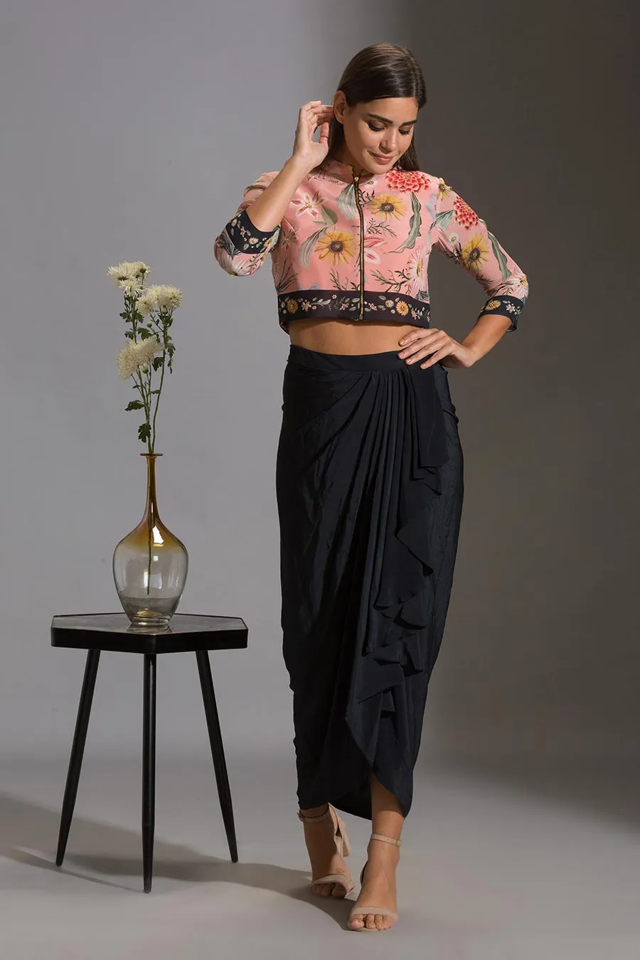 Pink Jacket Top & Navy Dhoti Skirt Set