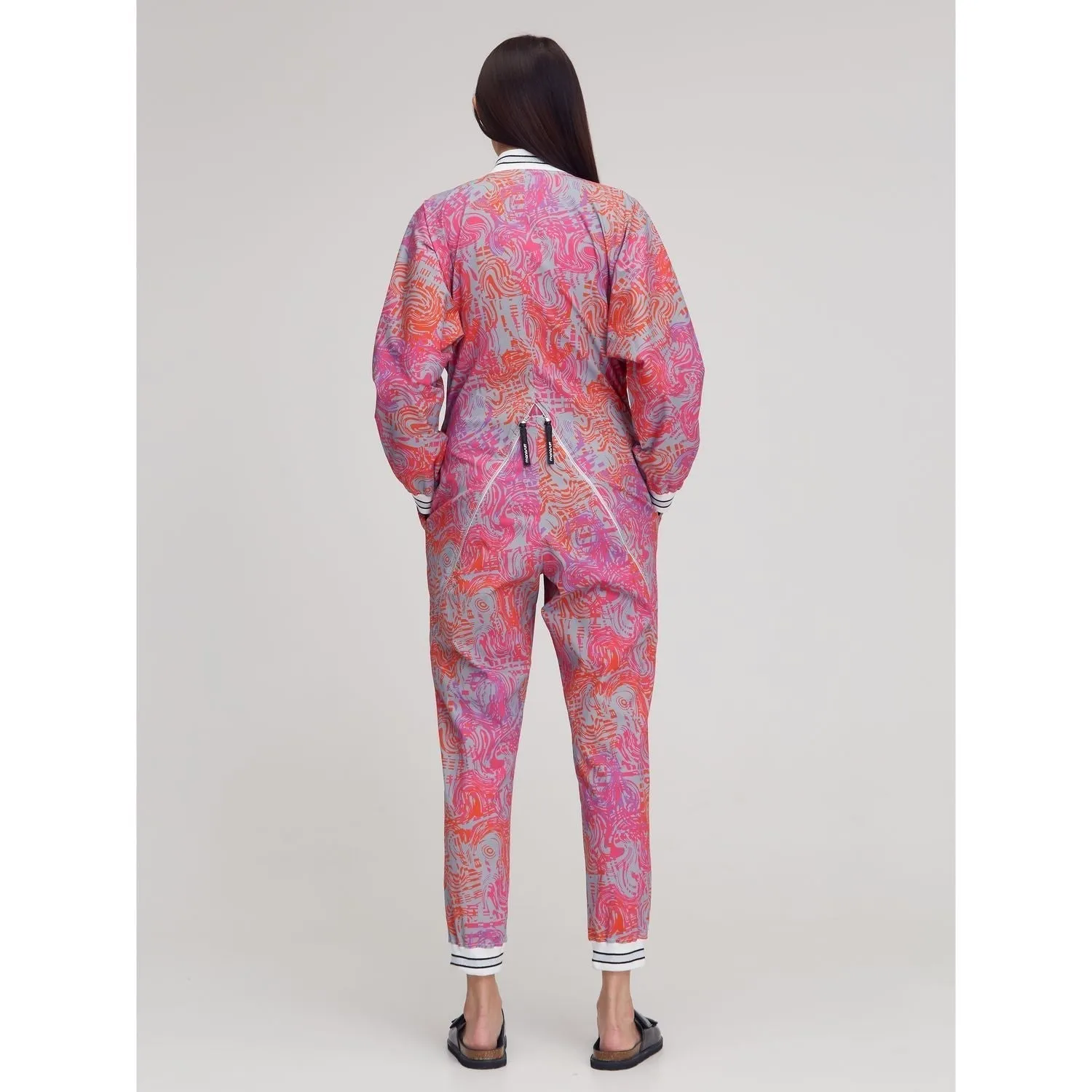 Pink Long Sleeve Abstract Print Casual Zip-Up Bomber Jumpsuit SS