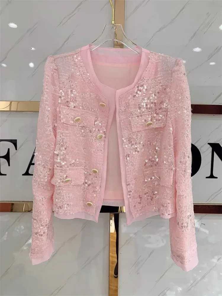 Pink Sequined Long Sleeve Jacket Blouse