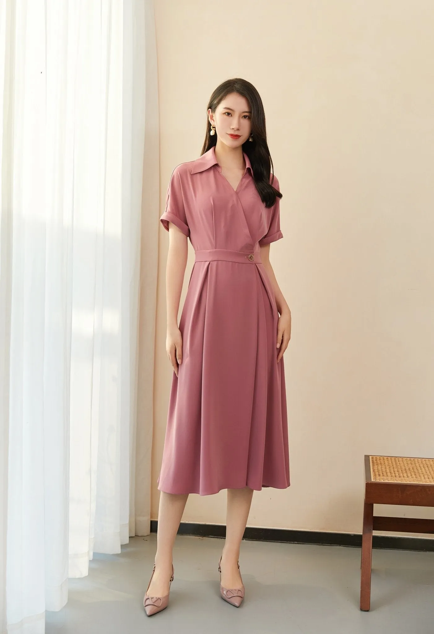 Pink Short Sleeve V Neck Dress