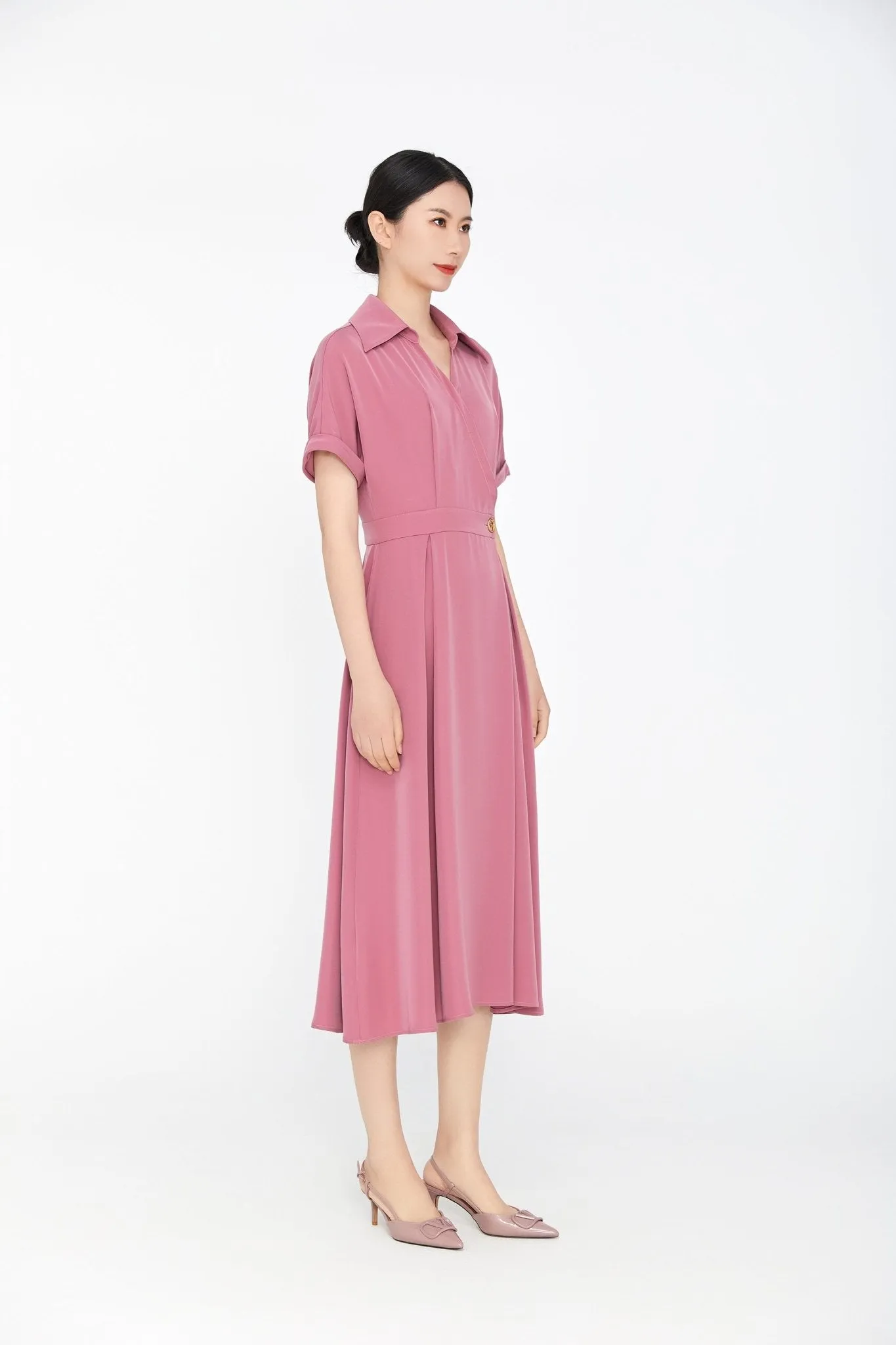 Pink Short Sleeve V Neck Dress