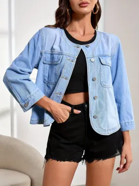 Plain Washed Blue Button Up Crew Neck Long Sleeve Elegant Style Denim Jacket Top, Women's Denim Jeans & Clothing