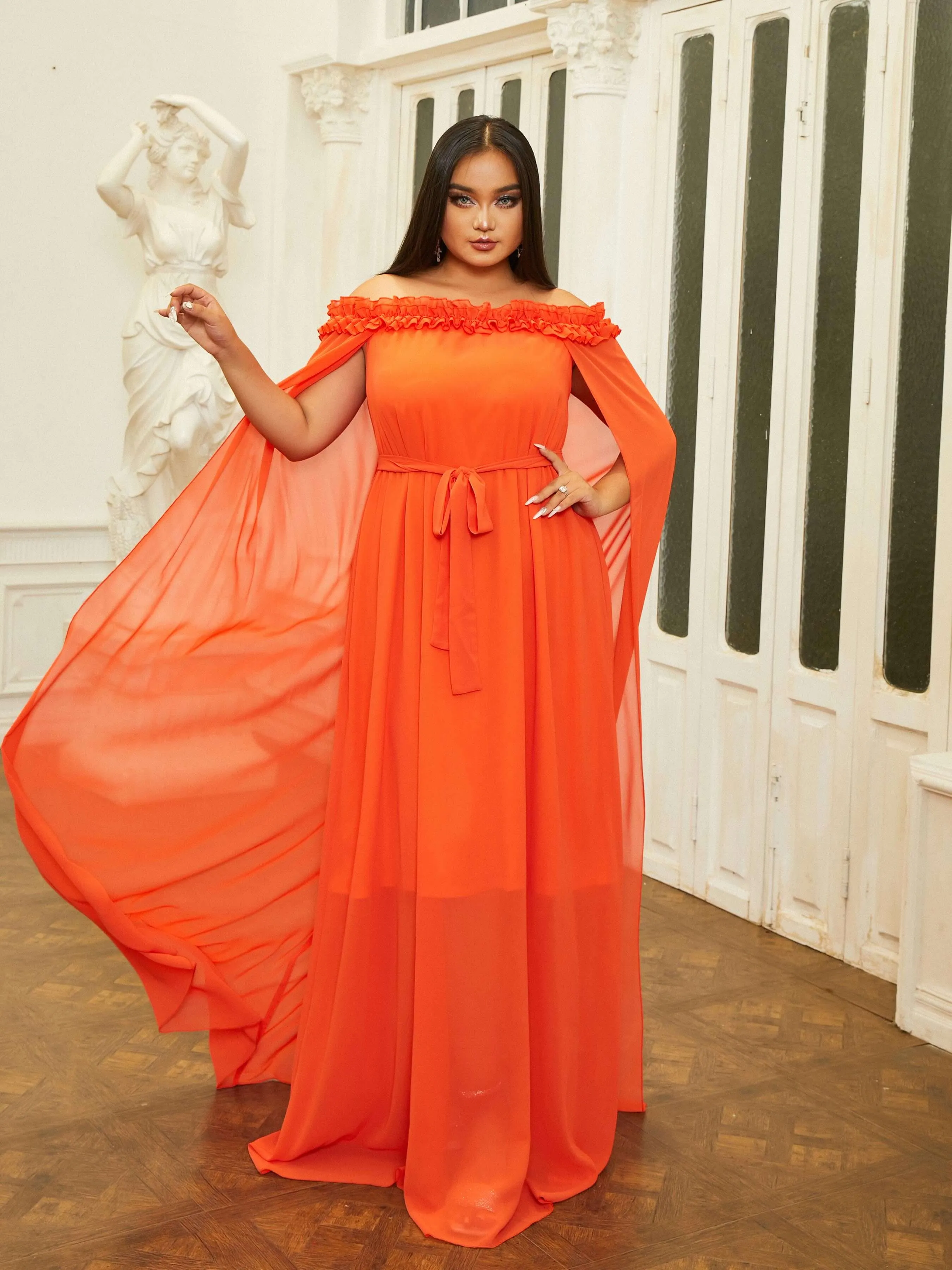 Plus Size Cape Sleeve Backless Off Shoulder Prom Dress PRJ11017