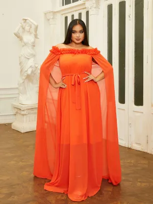 Plus Size Cape Sleeve Backless Off Shoulder Prom Dress PRJ11017