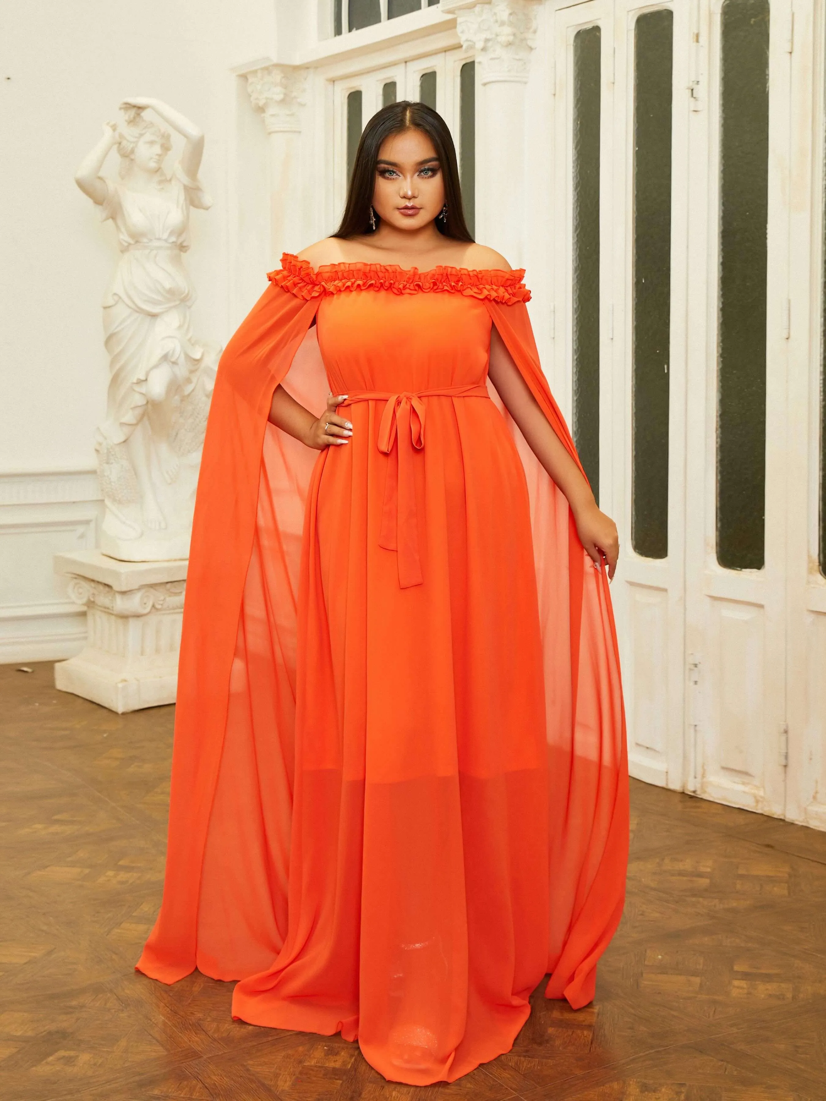 Plus Size Cape Sleeve Backless Off Shoulder Prom Dress PRJ11017