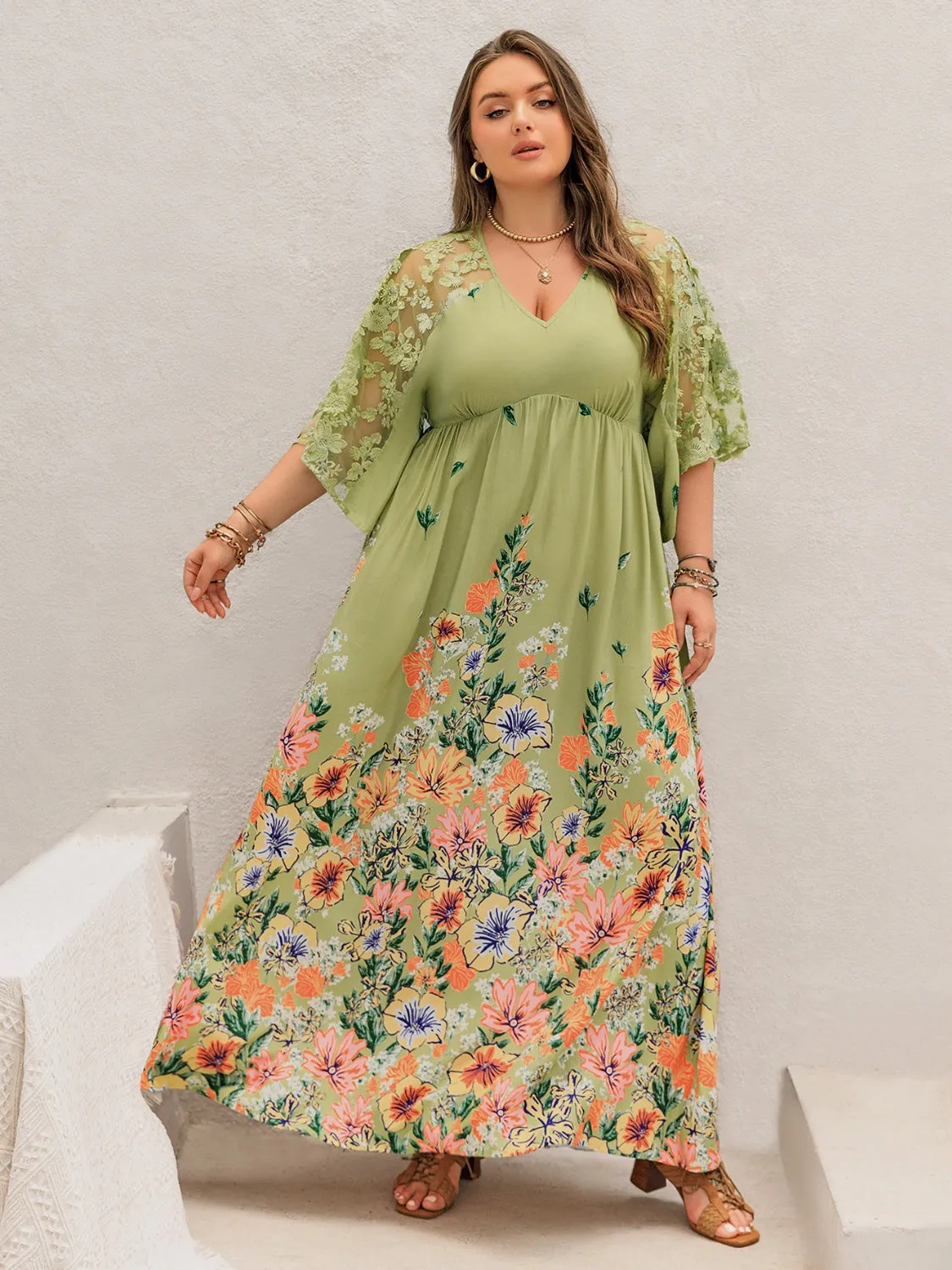 Plus Size Lace Detail Floral Maxi Dress