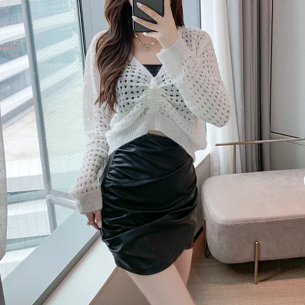 Pu Leather Skirt Set Pleated Culottes Sweater