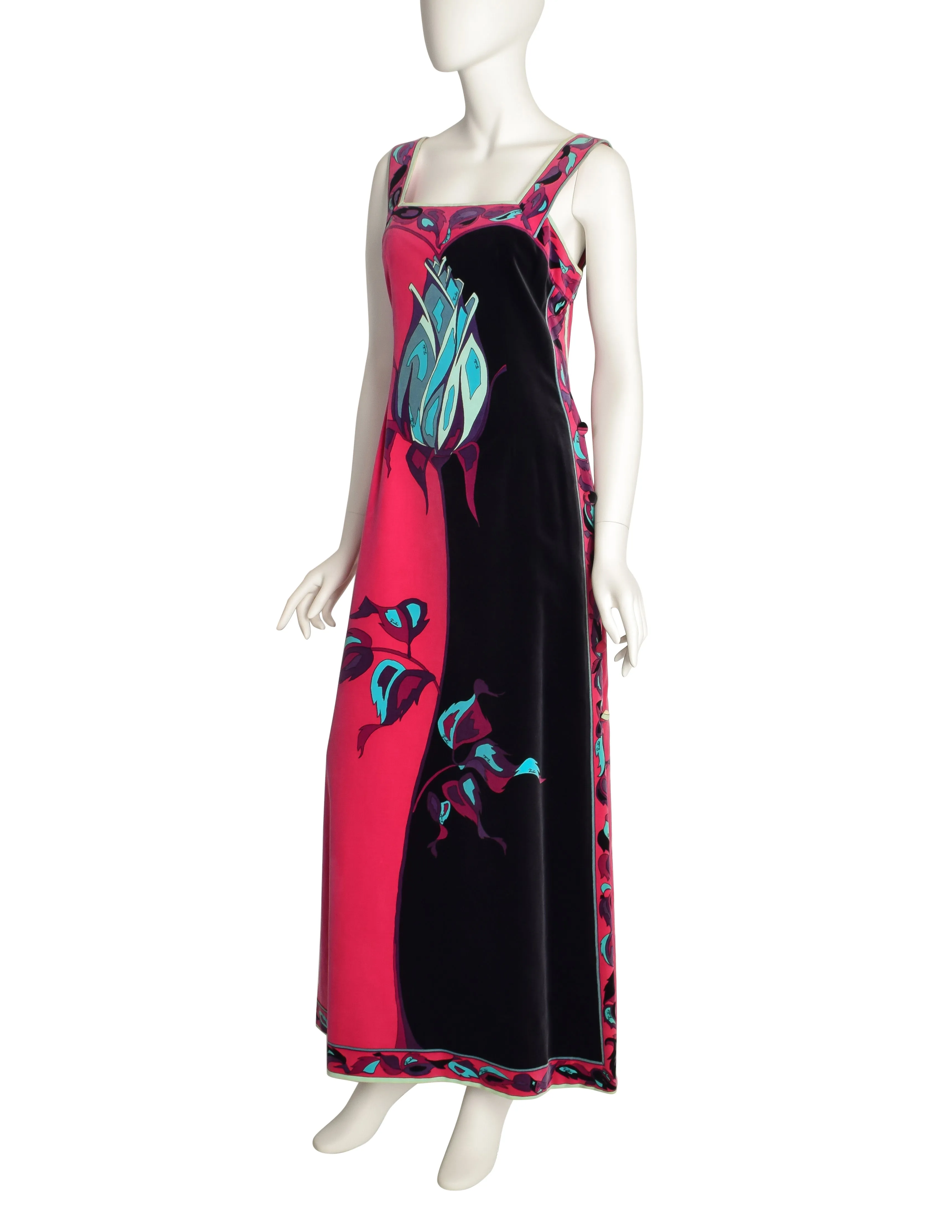 Pucci Vintage Iconic Rose Print Fuchsia Pink Black Teal Velvet Maxi Dress