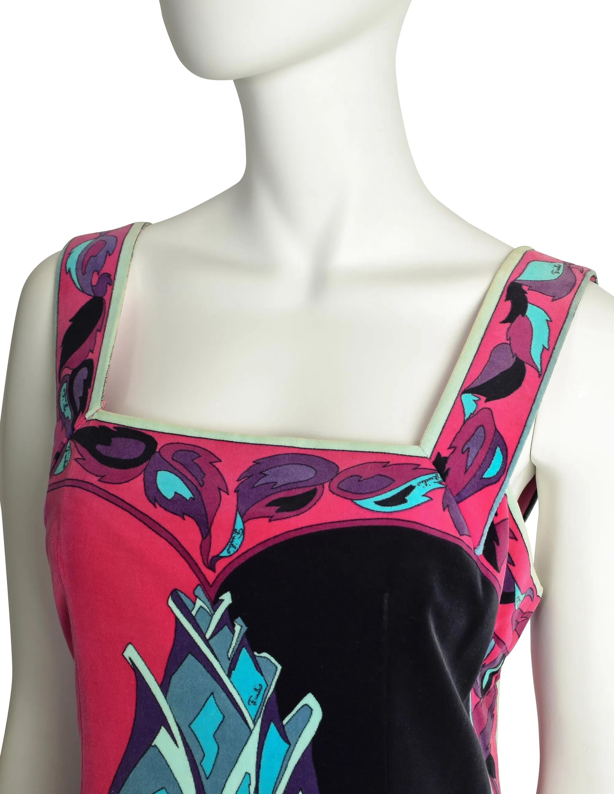 Pucci Vintage Iconic Rose Print Fuchsia Pink Black Teal Velvet Maxi Dress