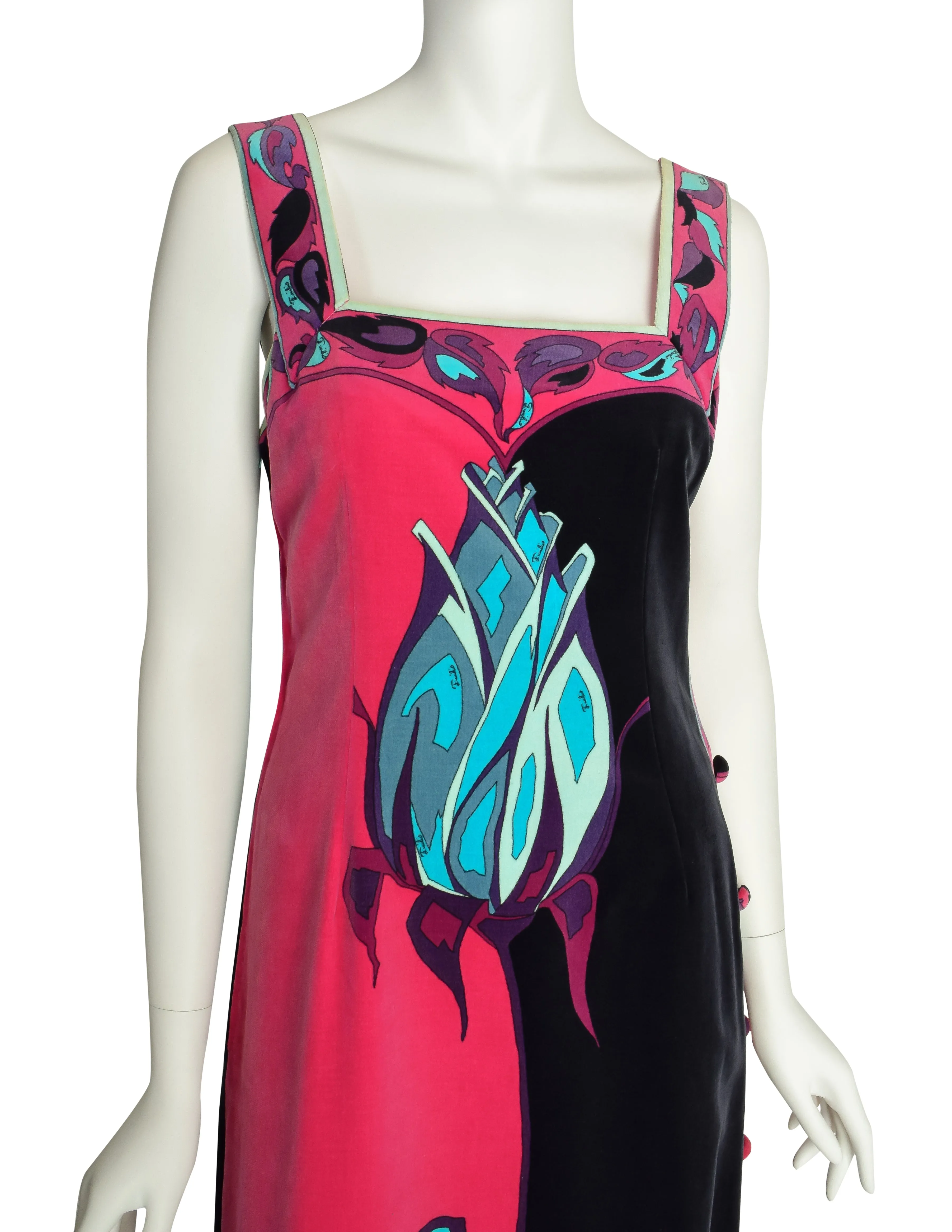 Pucci Vintage Iconic Rose Print Fuchsia Pink Black Teal Velvet Maxi Dress