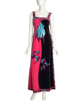 Pucci Vintage Iconic Rose Print Fuchsia Pink Black Teal Velvet Maxi Dress