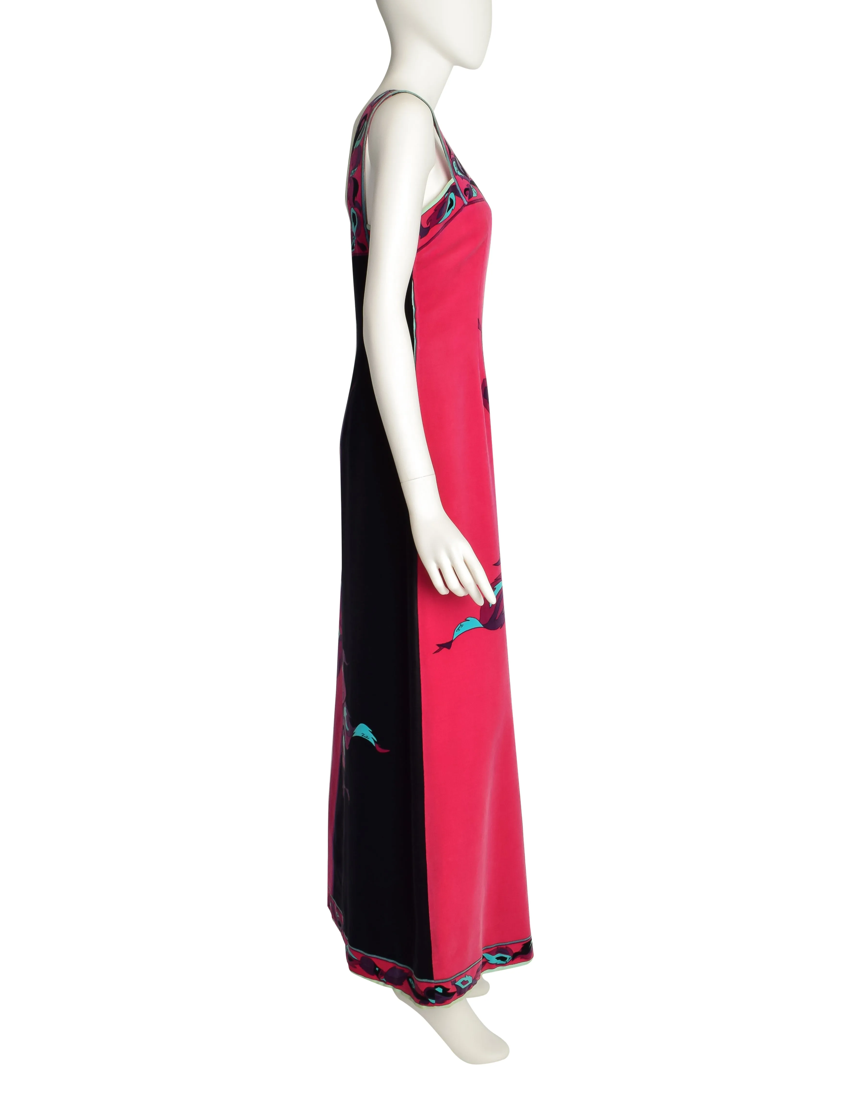 Pucci Vintage Iconic Rose Print Fuchsia Pink Black Teal Velvet Maxi Dress