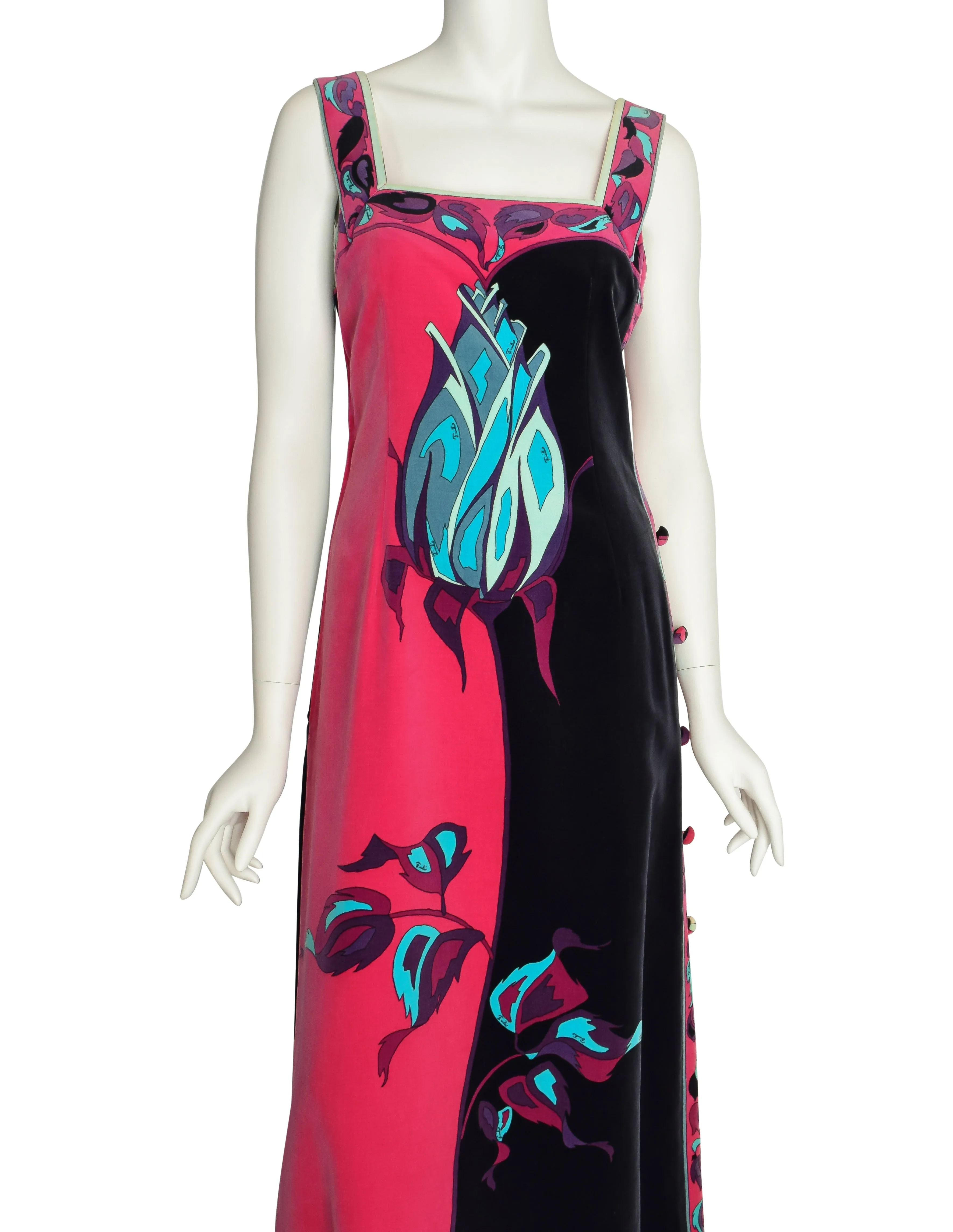 Pucci Vintage Iconic Rose Print Fuchsia Pink Black Teal Velvet Maxi Dress