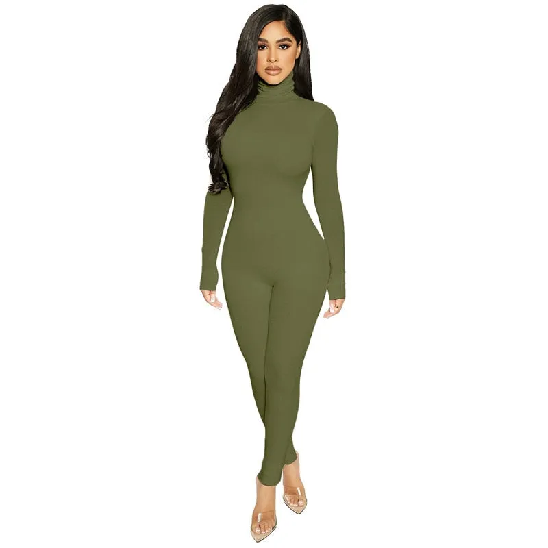 Purpdrank - Plain Color Women Rompers Long Sleeve Solid Turtleneck Skinny Bodycon Jumpsuit Fashion Fitness Casual One Piece Overalls