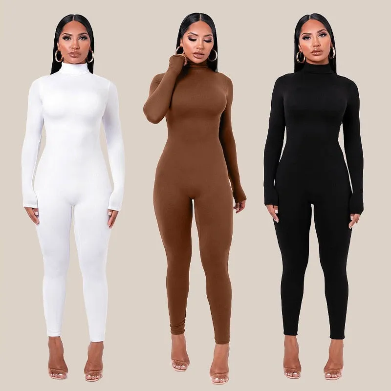 Purpdrank - Plain Color Women Rompers Long Sleeve Solid Turtleneck Skinny Bodycon Jumpsuit Fashion Fitness Casual One Piece Overalls