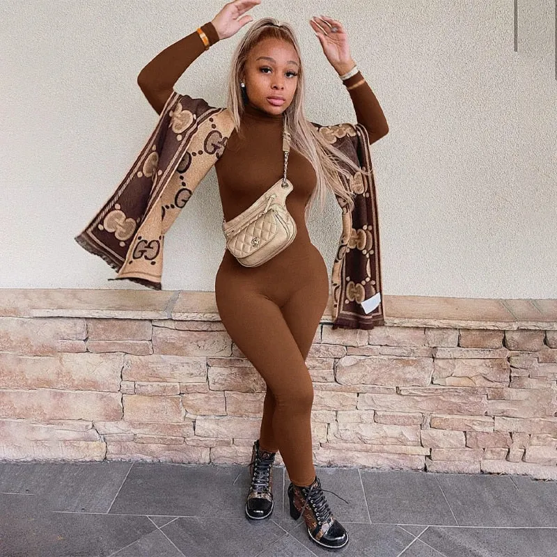 Purpdrank - Plain Color Women Rompers Long Sleeve Solid Turtleneck Skinny Bodycon Jumpsuit Fashion Fitness Casual One Piece Overalls