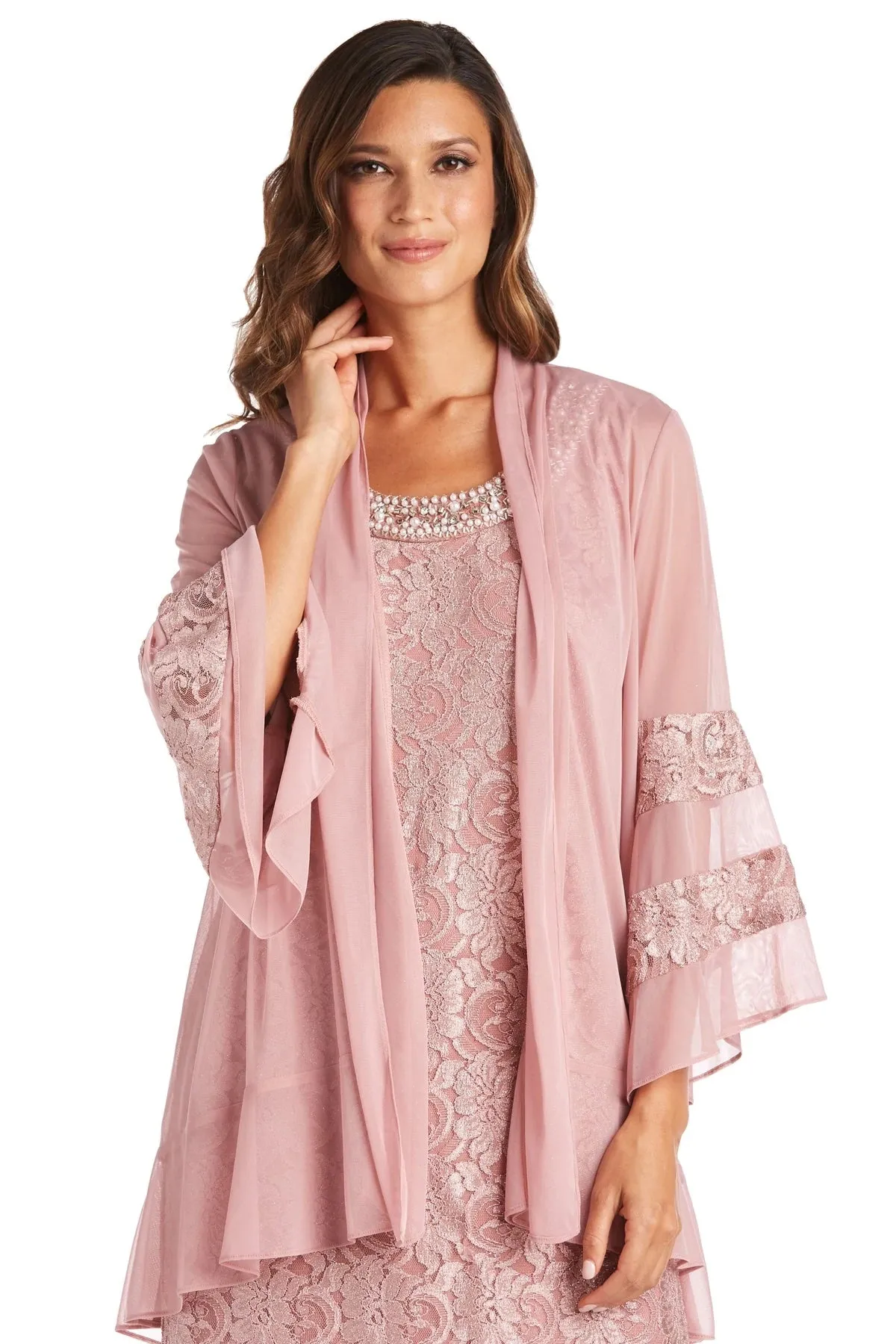 R&M Richards Women's 2 Piece Bell Sleeve Chiffon Jacket Dress - Mother of The Bride Dress