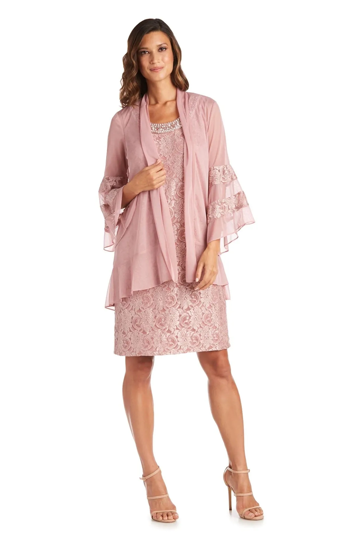 R&M Richards Women's 2 Piece Bell Sleeve Chiffon Jacket Dress - Mother of The Bride Dress