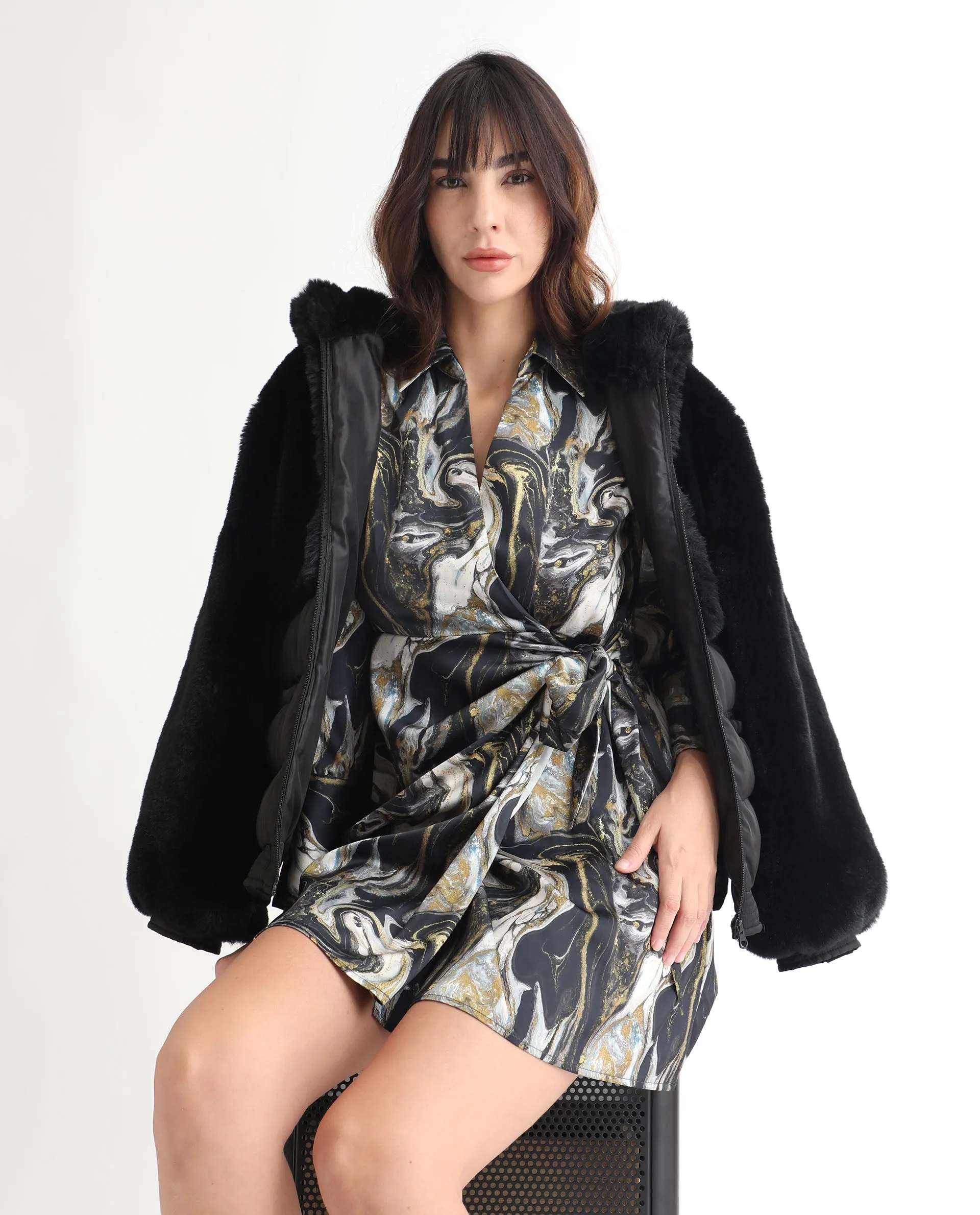 Rareism Women Sager Black Polyester Fabric Full Sleeves Tie-Up Closure Shirt Collar Regular Fit Abstract Print Short Wrap Dress