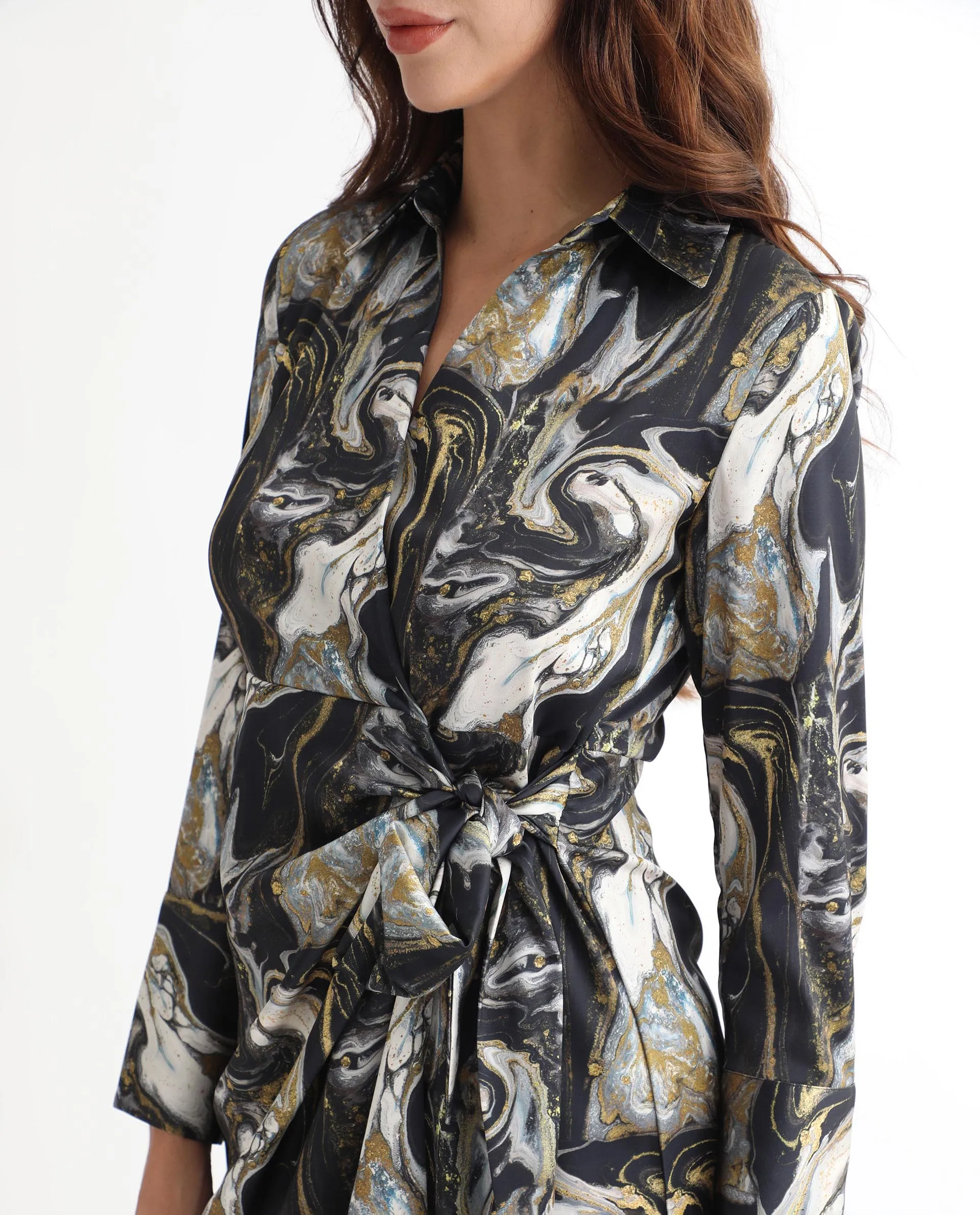 Rareism Women Sager Black Polyester Fabric Full Sleeves Tie-Up Closure Shirt Collar Regular Fit Abstract Print Short Wrap Dress