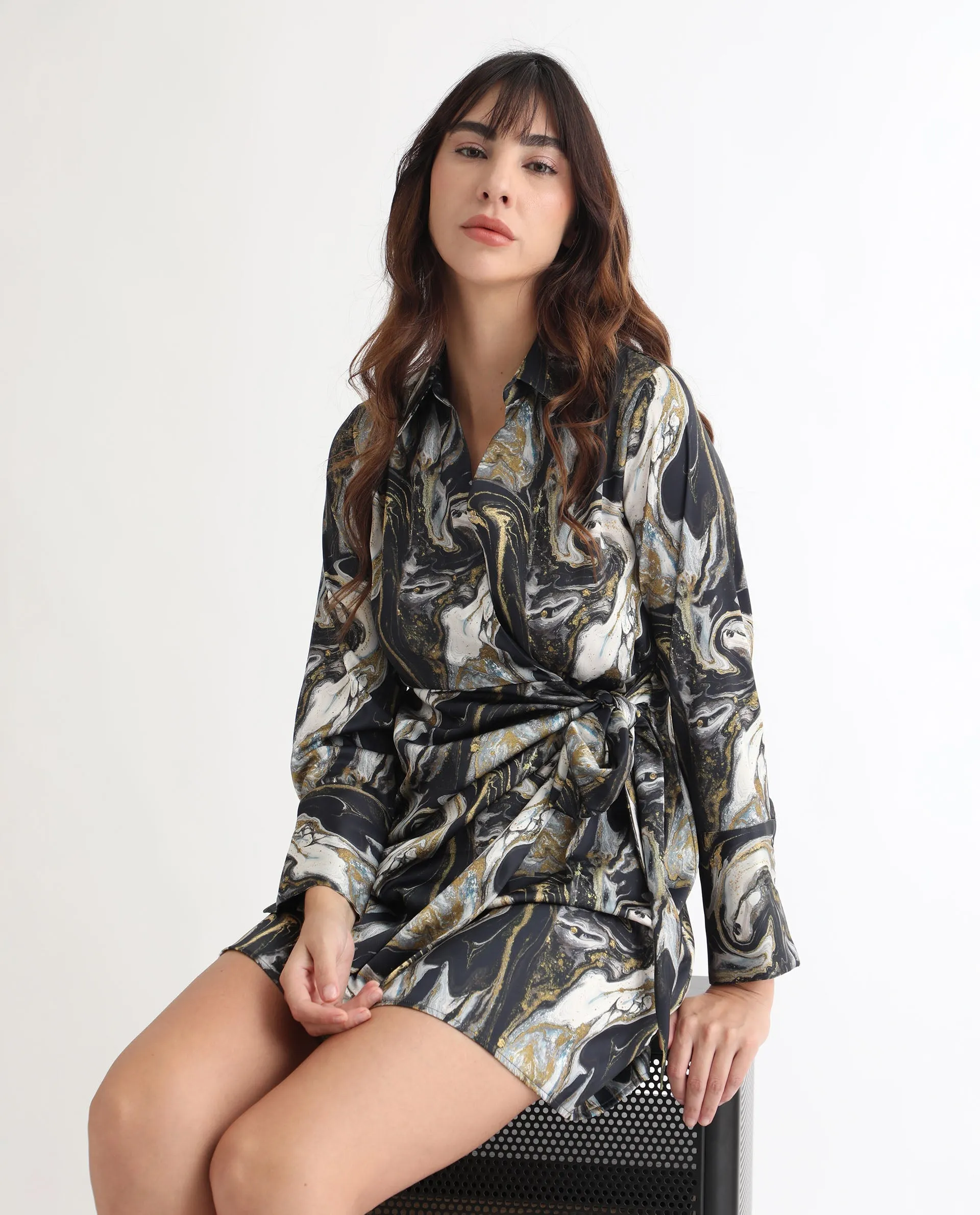 Rareism Women Sager Black Polyester Fabric Full Sleeves Tie-Up Closure Shirt Collar Regular Fit Abstract Print Short Wrap Dress