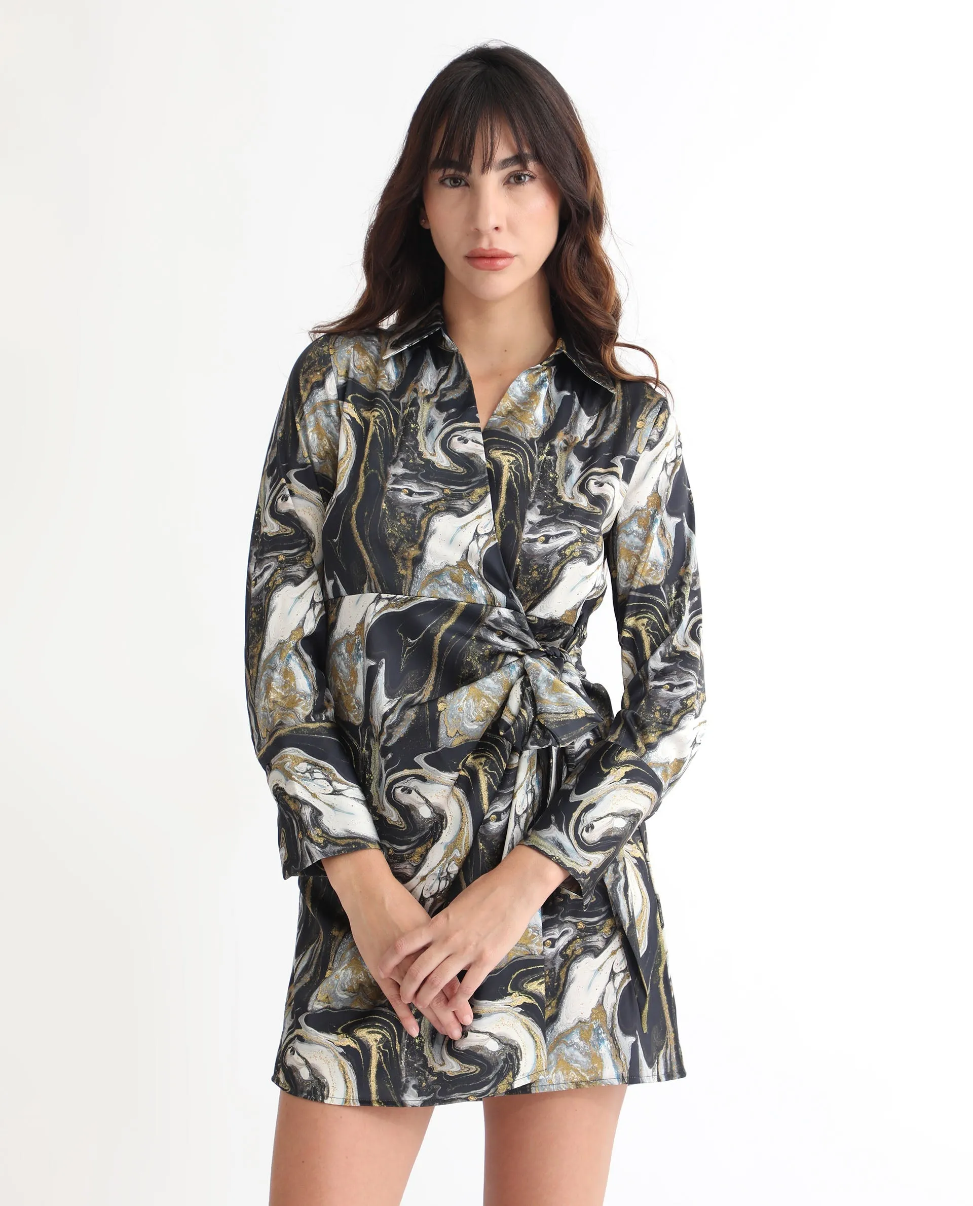 Rareism Women Sager Black Polyester Fabric Full Sleeves Tie-Up Closure Shirt Collar Regular Fit Abstract Print Short Wrap Dress