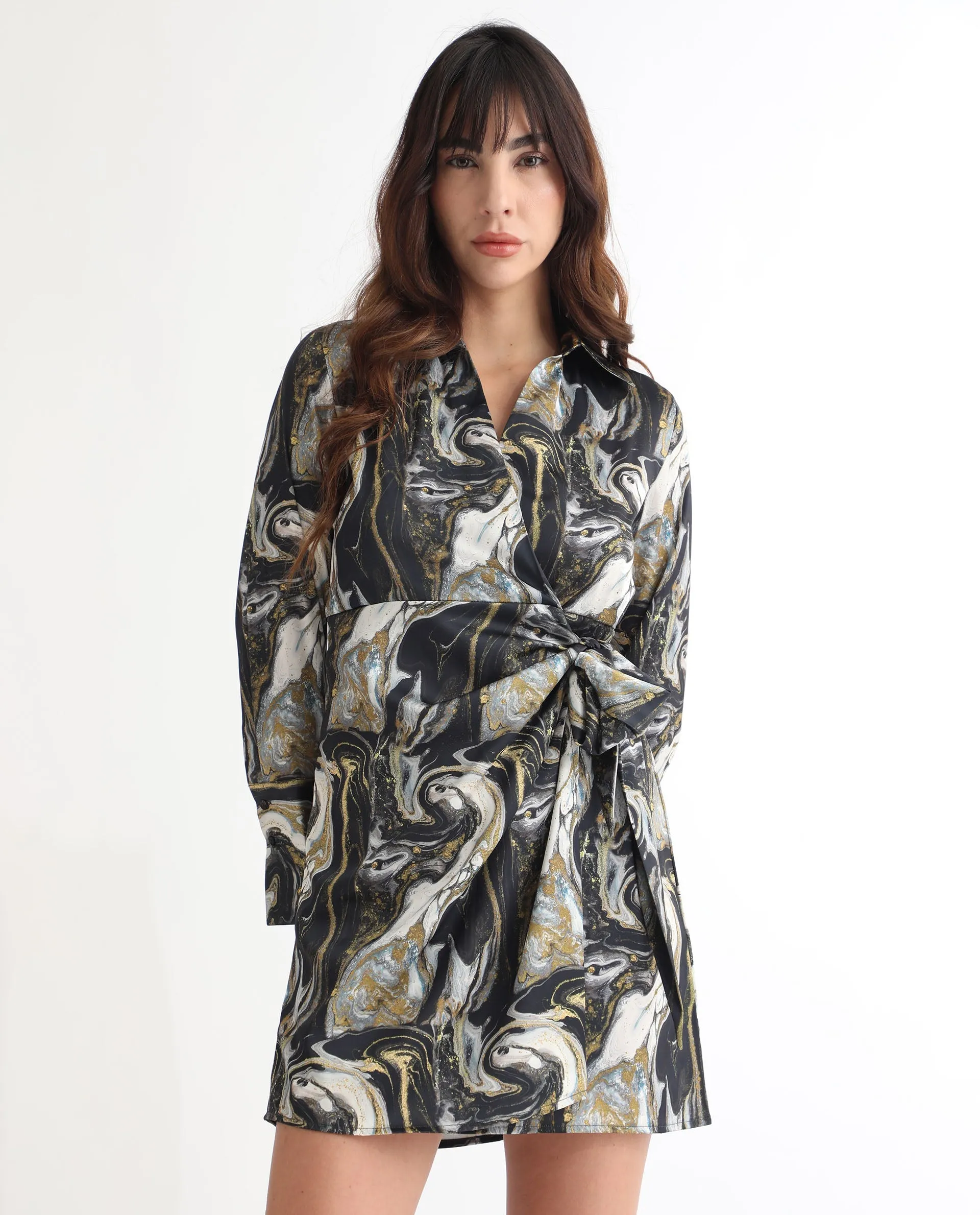 Rareism Women Sager Black Polyester Fabric Full Sleeves Tie-Up Closure Shirt Collar Regular Fit Abstract Print Short Wrap Dress