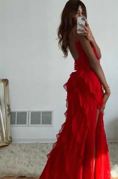 Red Ruffles Long Formal Dress Elegant Evening Dress    fg1806