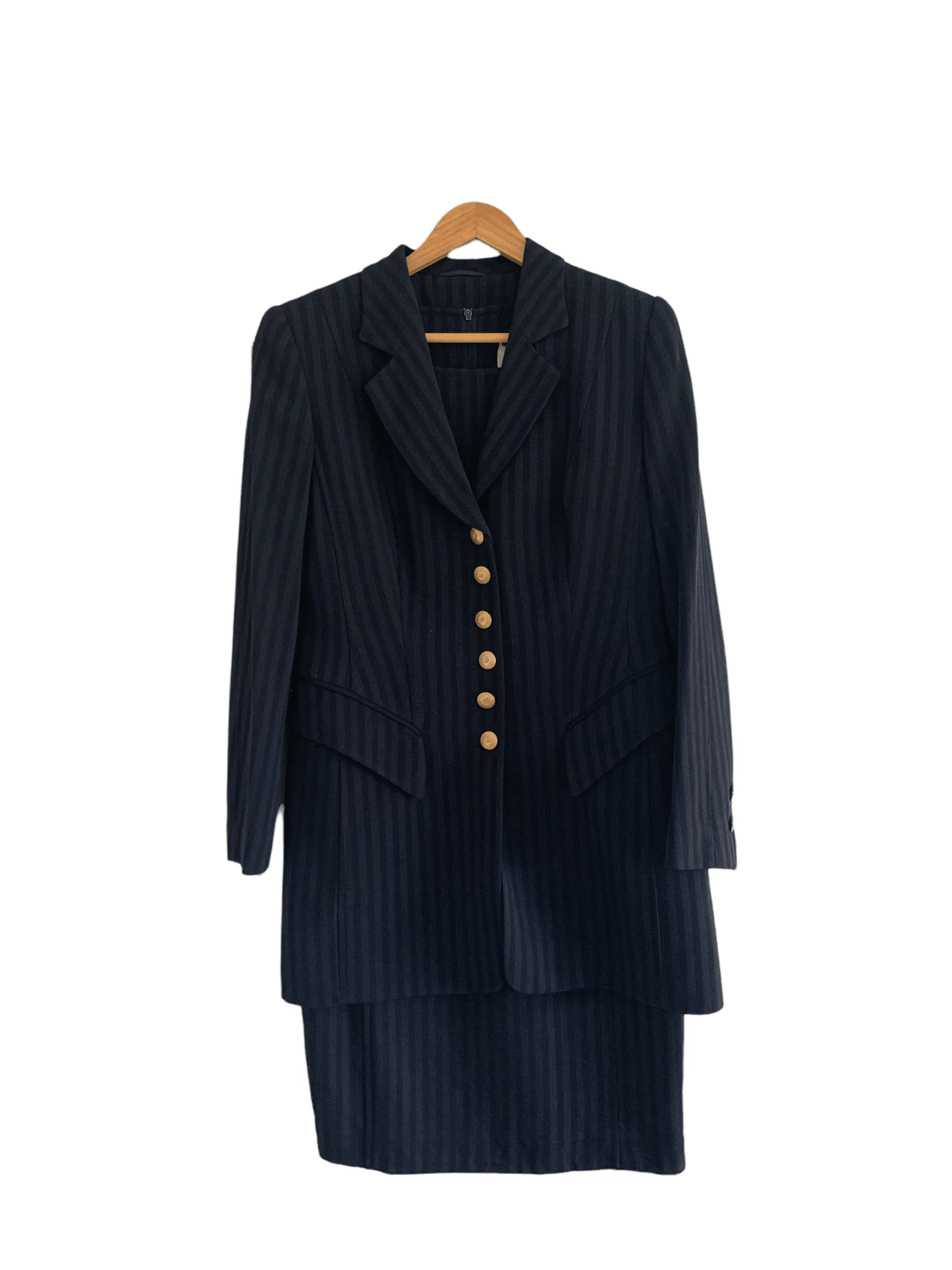 Rena Lange Wool Pinstripe Dress and Long Jacket Navy UK Size Medium