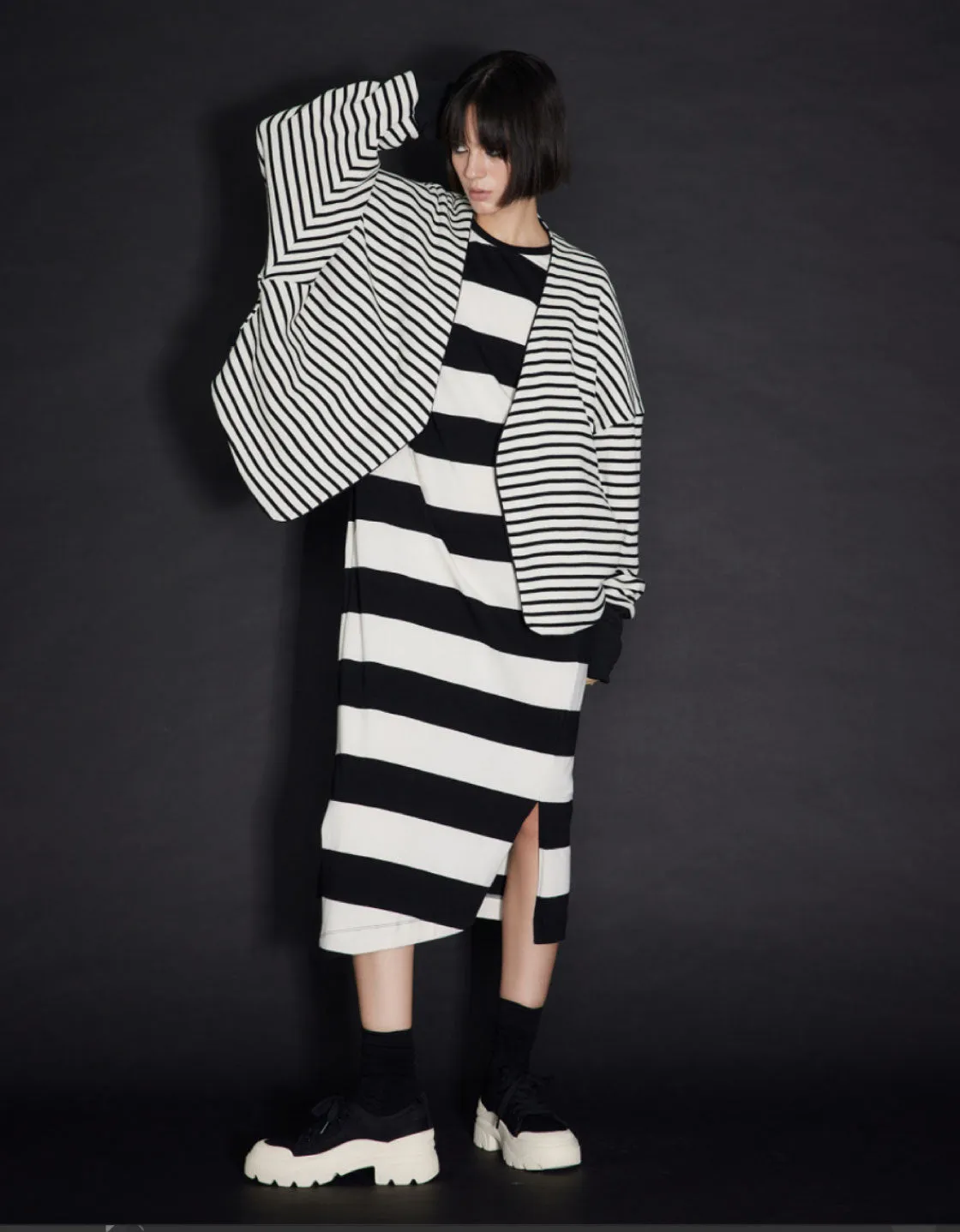 Reversible jersey cardigan black and stripe