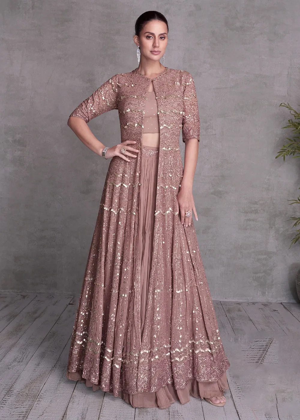 Rose Mauve Embroidered Jacket Style Indo Western Dress