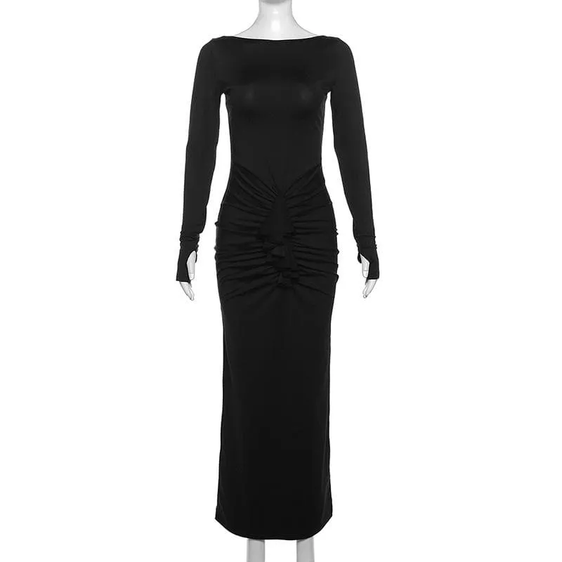 Ruched long sleeve solid gloves round neck maxi dress