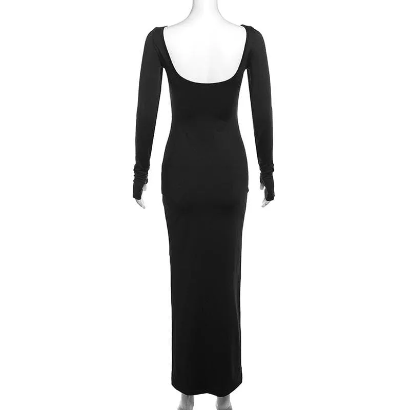 Ruched long sleeve solid gloves round neck maxi dress