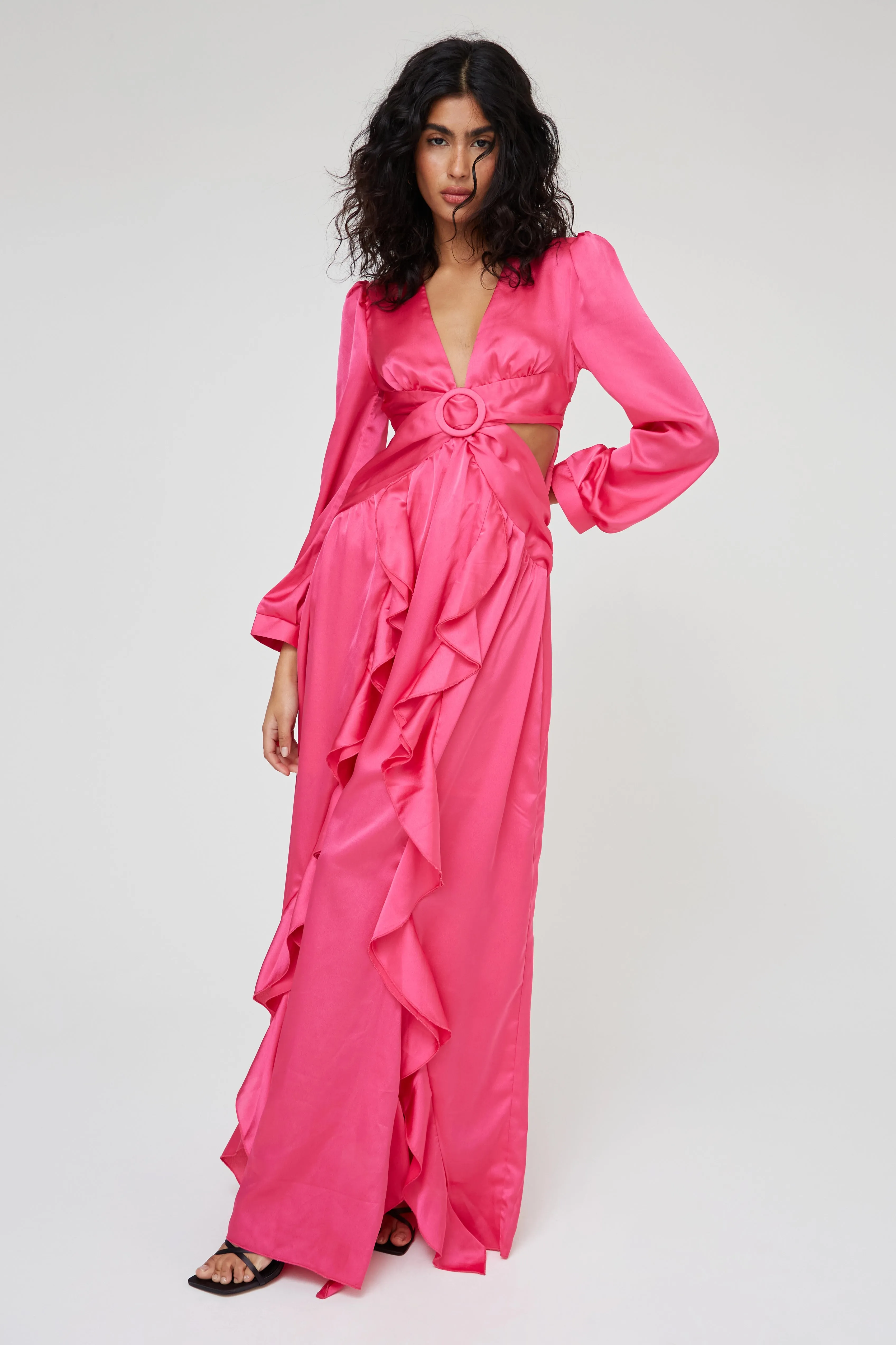 SATIN RUFFLE MAXI DRESS