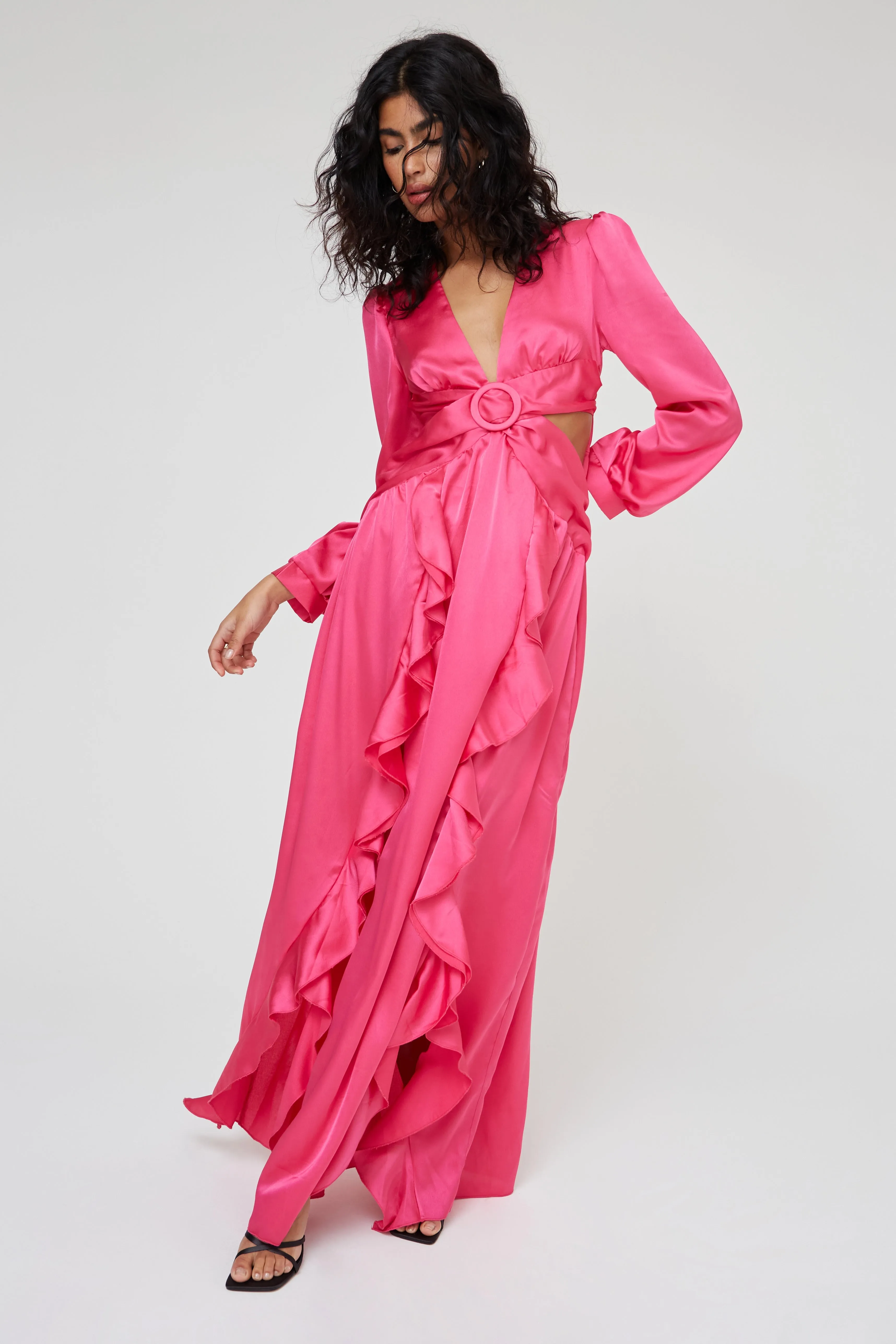 SATIN RUFFLE MAXI DRESS