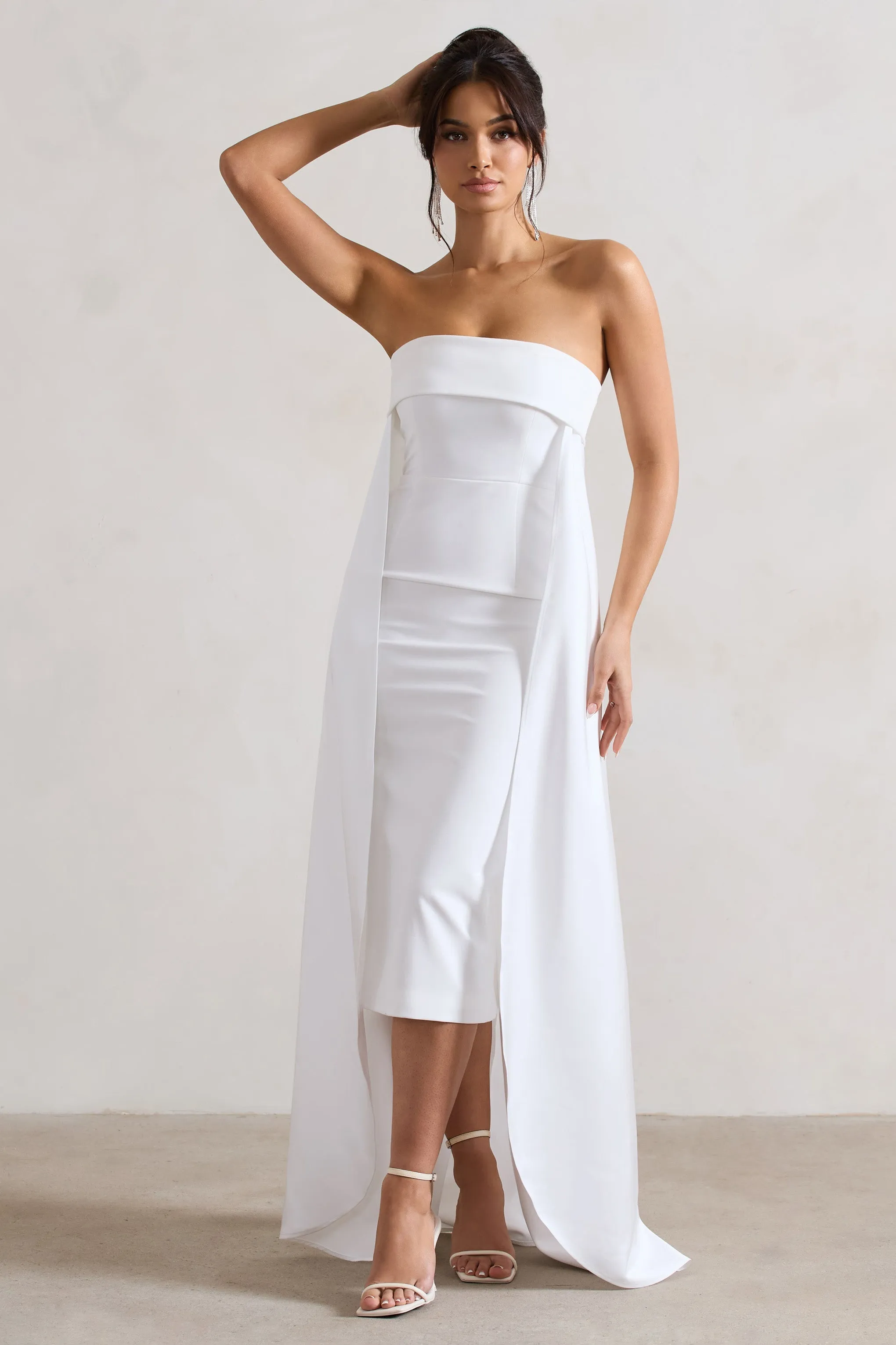 Save The Date | Cream Bandeau Midi Dress With Train