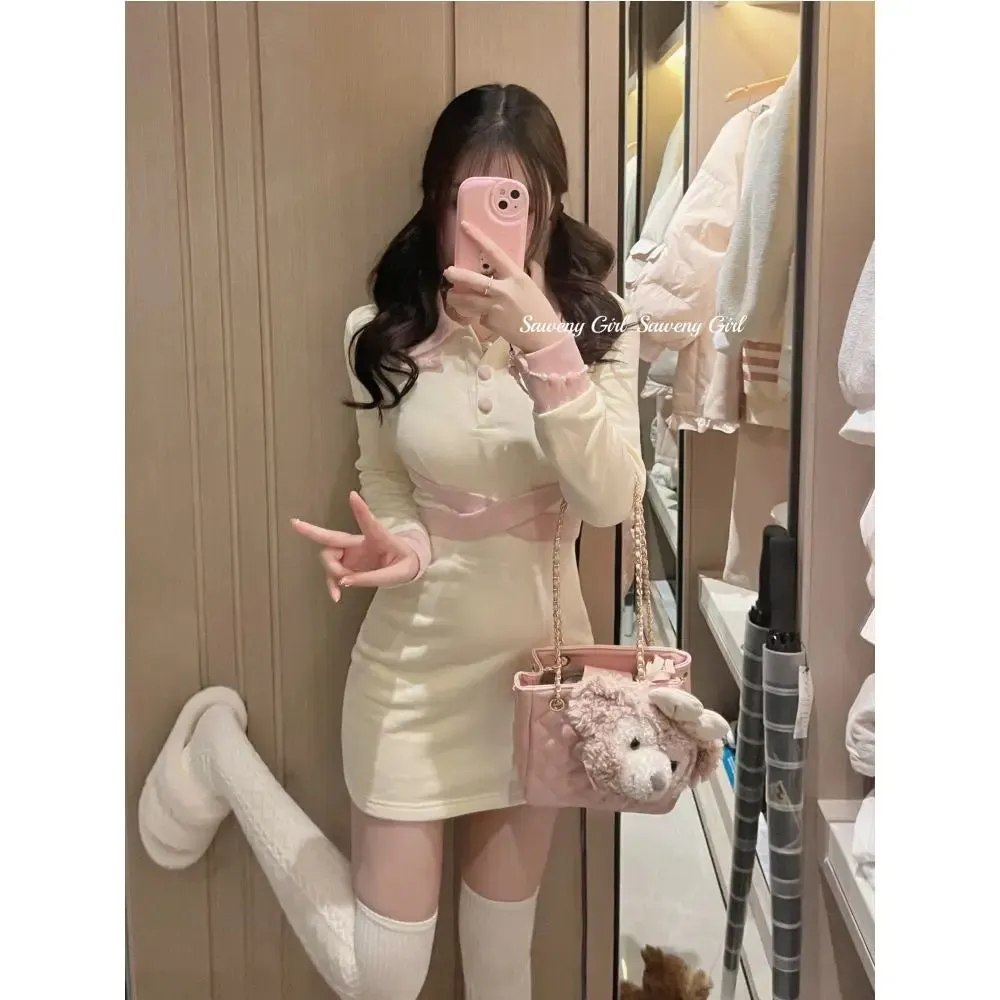 School Kawaii Mini Dress Preppy Style Mori Girl Student Polo Collar Bodycon Wrap Long Sleeve Short Dresses Autumn